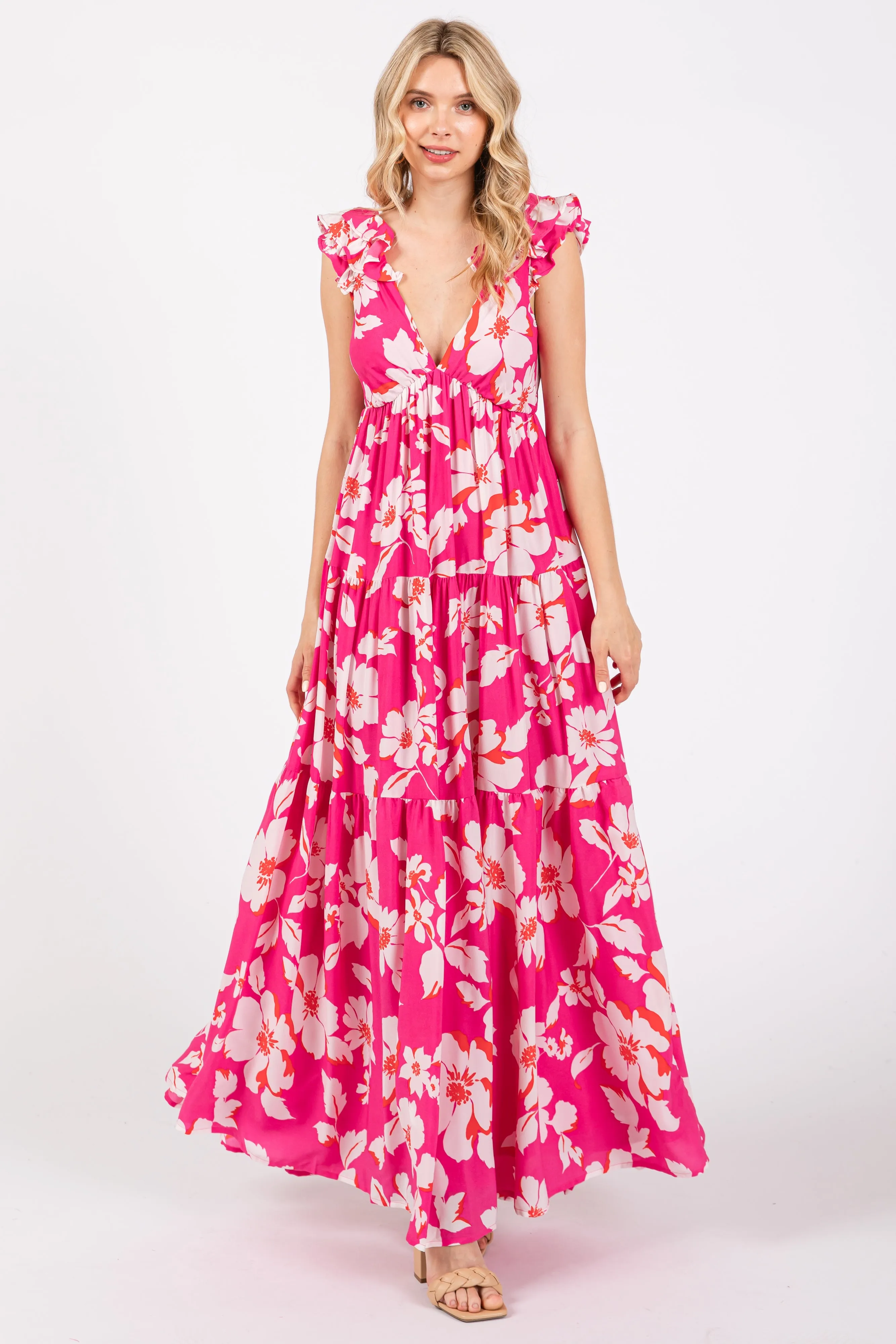 Fuchsia Floral Deep V-Neck Open Back Maternity Maxi Dress sold by Pinkblush product image thumbnail 5