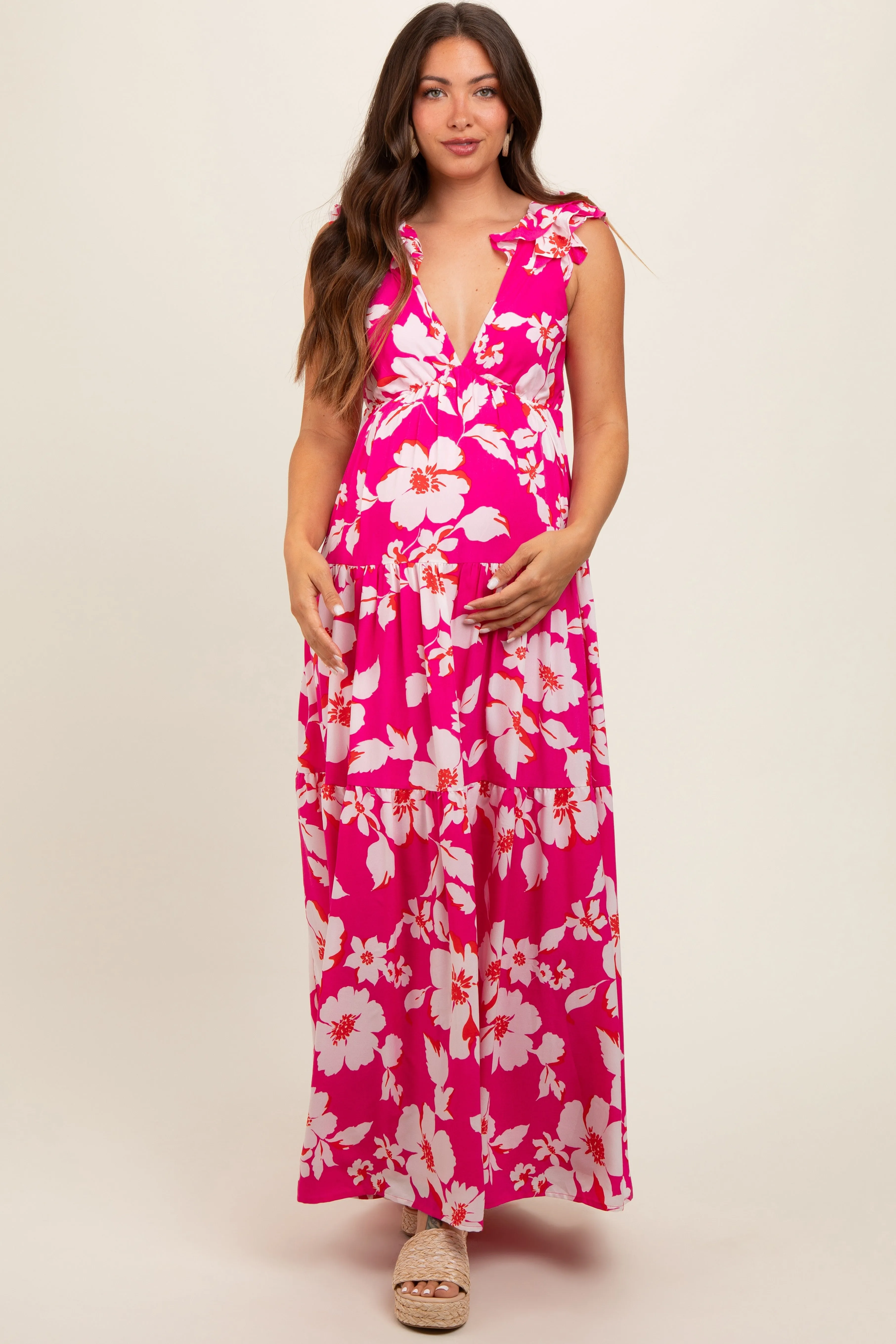Fuchsia Floral Deep V-Neck Open Back Maternity Maxi Dress sold by Pinkblush product image thumbnail 2