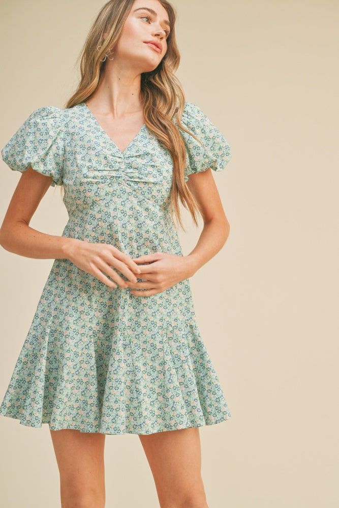 Teal Blue Floral Puff Sleeve Flared Mini Dress sold by Pinkblush