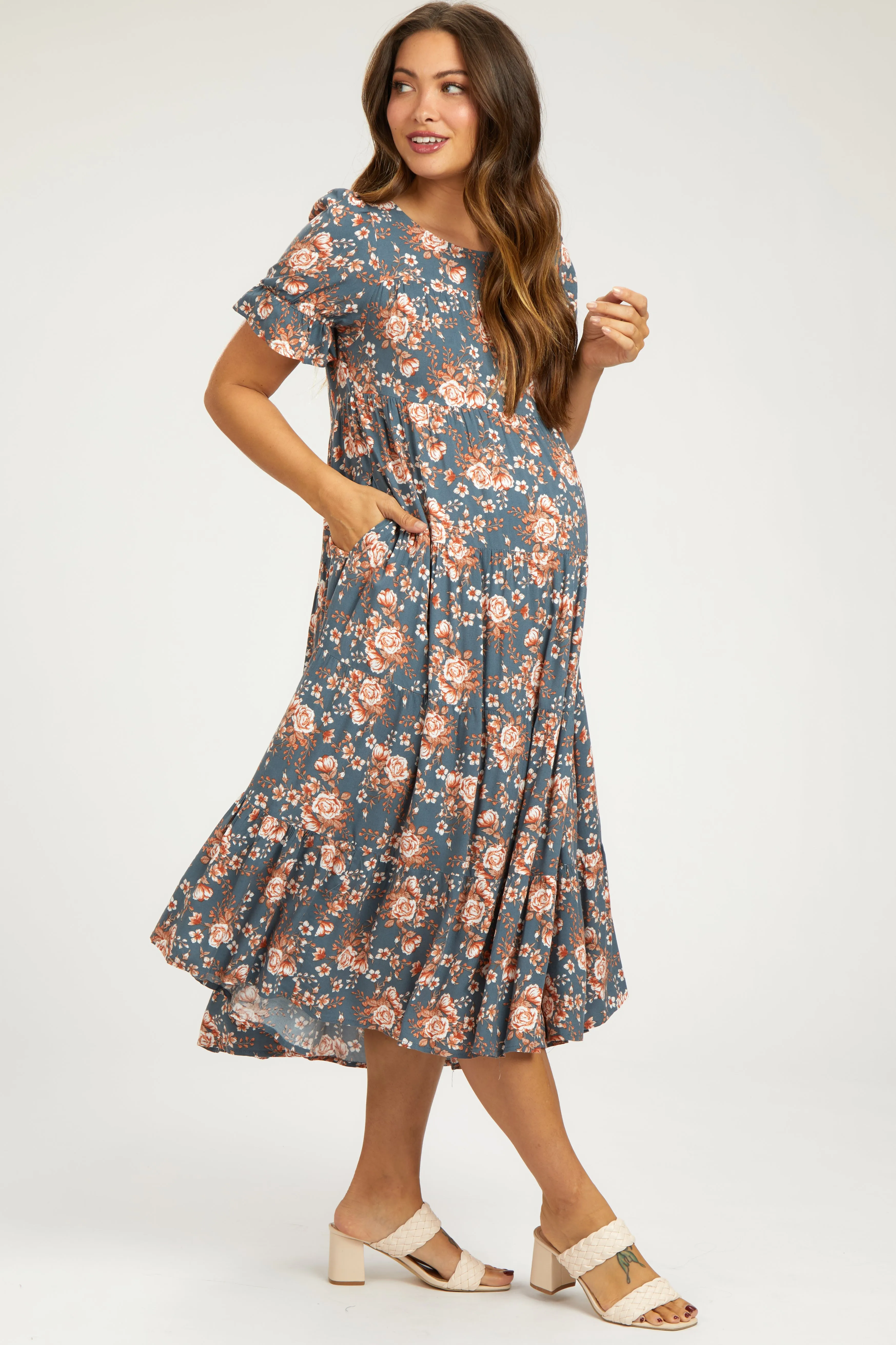 Blue Floral Ruffle Short Sleeve Tiered Maternity Midi Dress sold by Pinkblush product image thumbnail 2