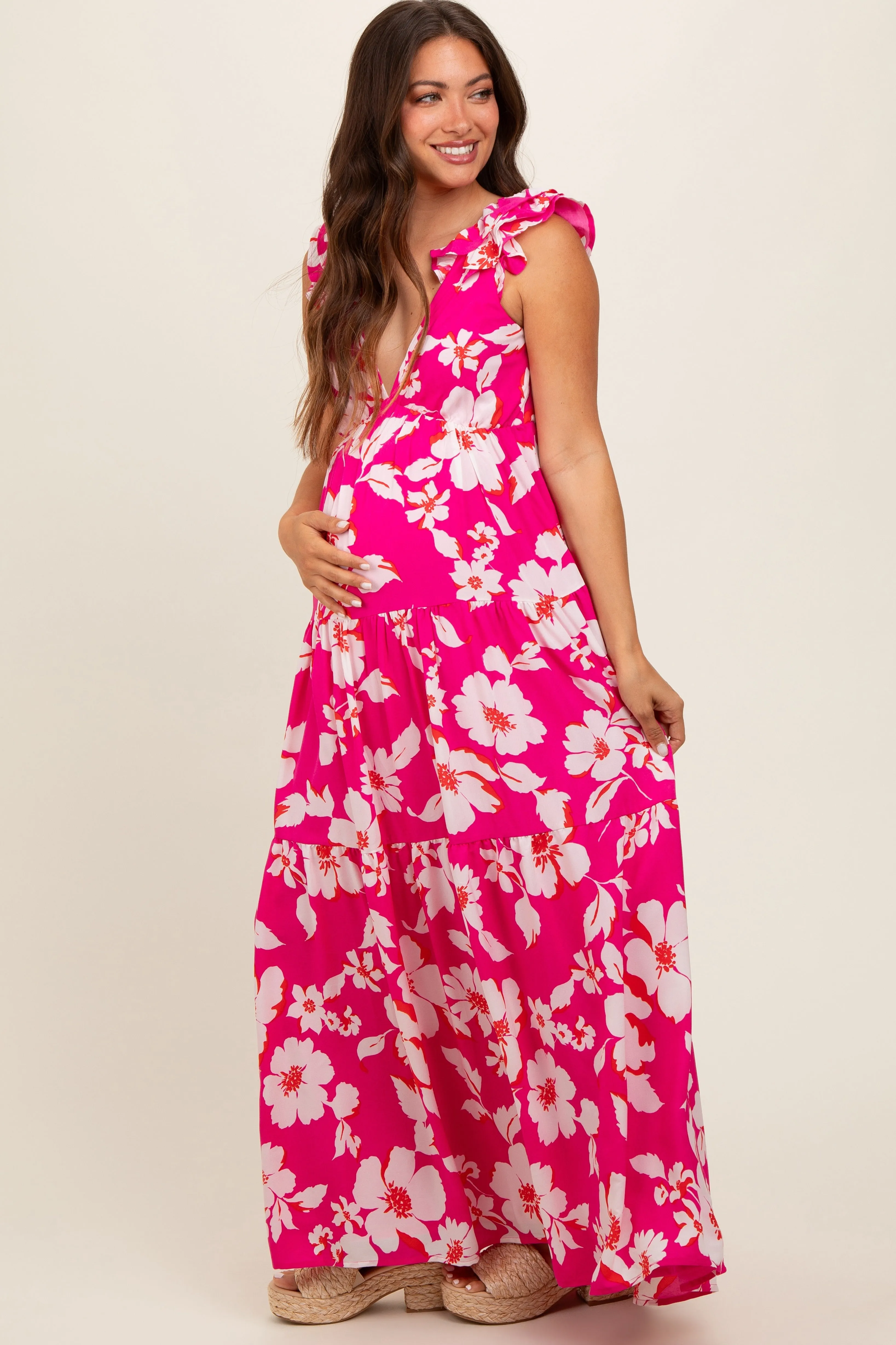 Fuchsia Floral Deep V-Neck Open Back Maternity Maxi Dress sold by Pinkblush product image thumbnail 3