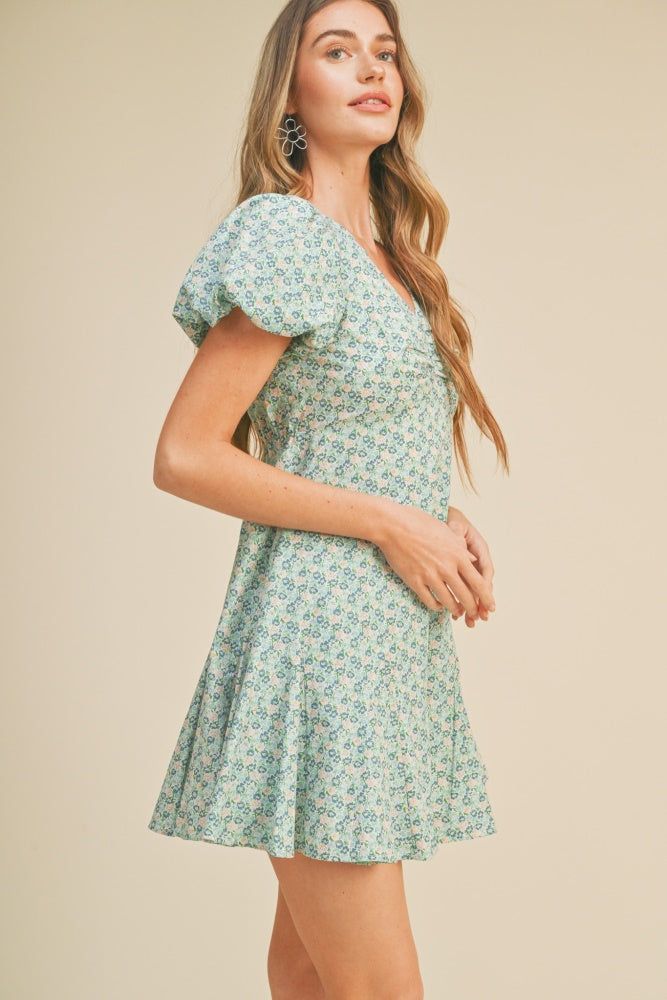 Teal Blue Floral Puff Sleeve Flared Mini Dress sold by Pinkblush product image thumbnail 2