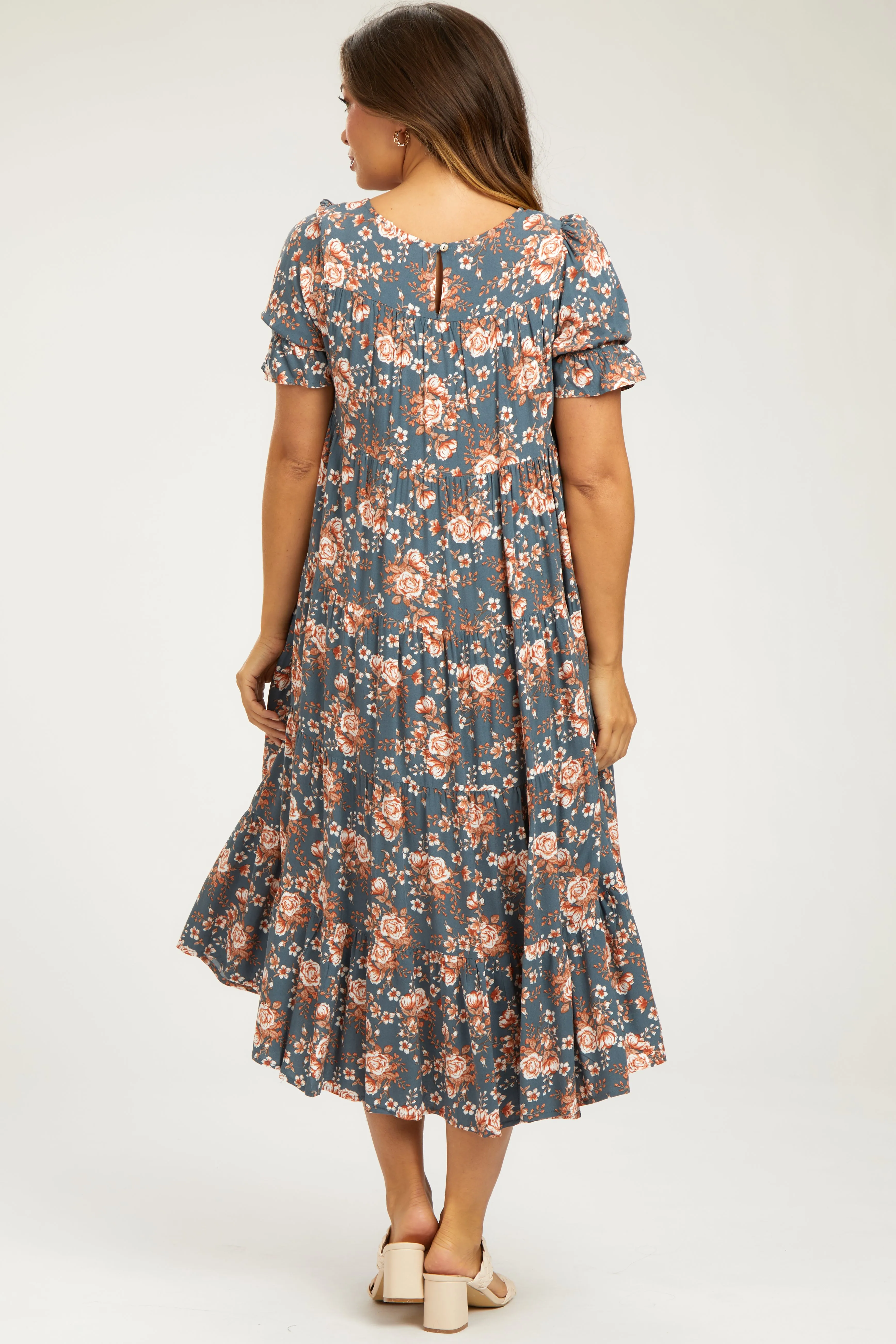 Blue Floral Ruffle Short Sleeve Tiered Maternity Midi Dress sold by Pinkblush product image thumbnail 3