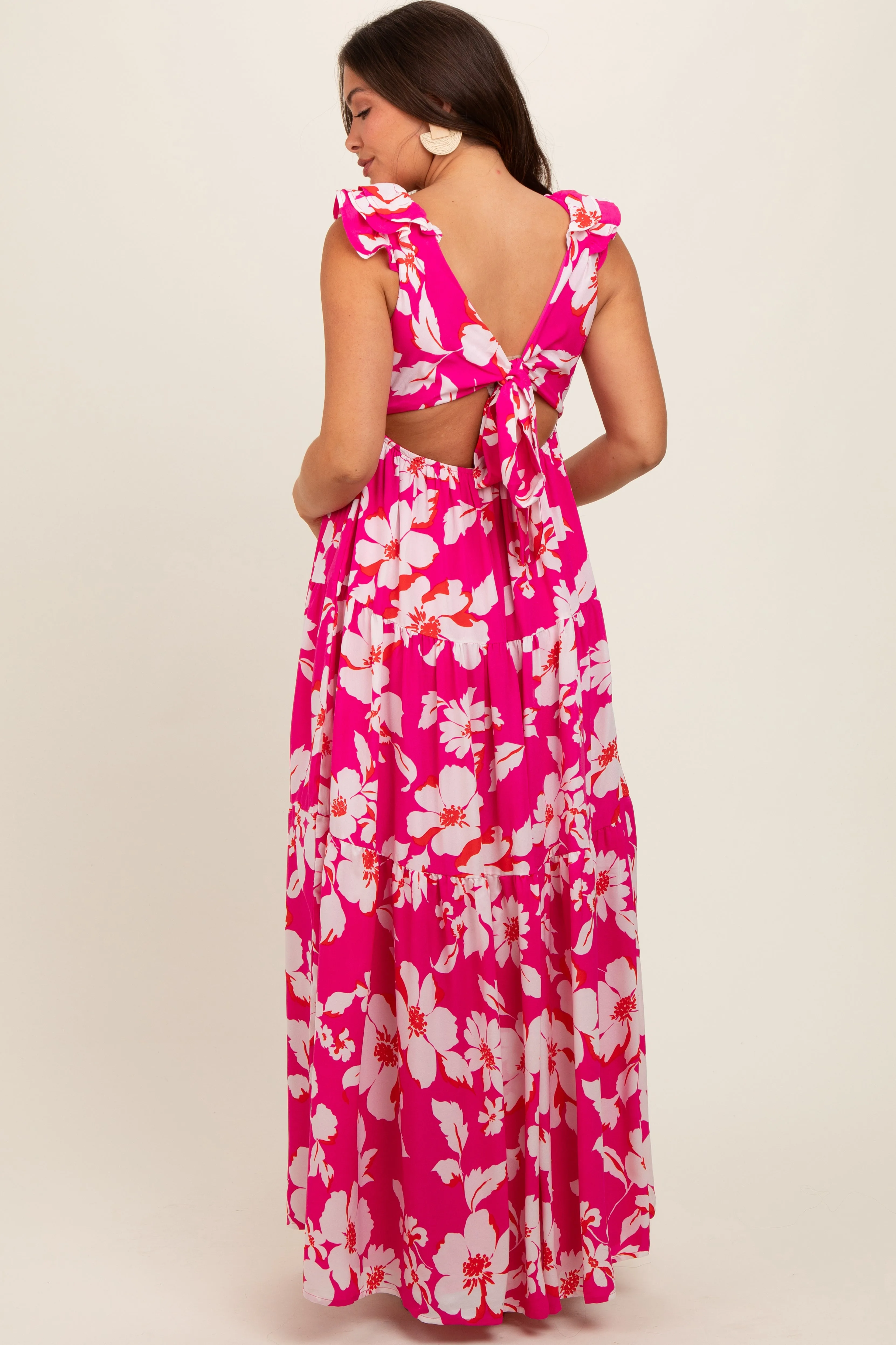 Fuchsia Floral Deep V-Neck Open Back Maternity Maxi Dress sold by Pinkblush product image thumbnail 4