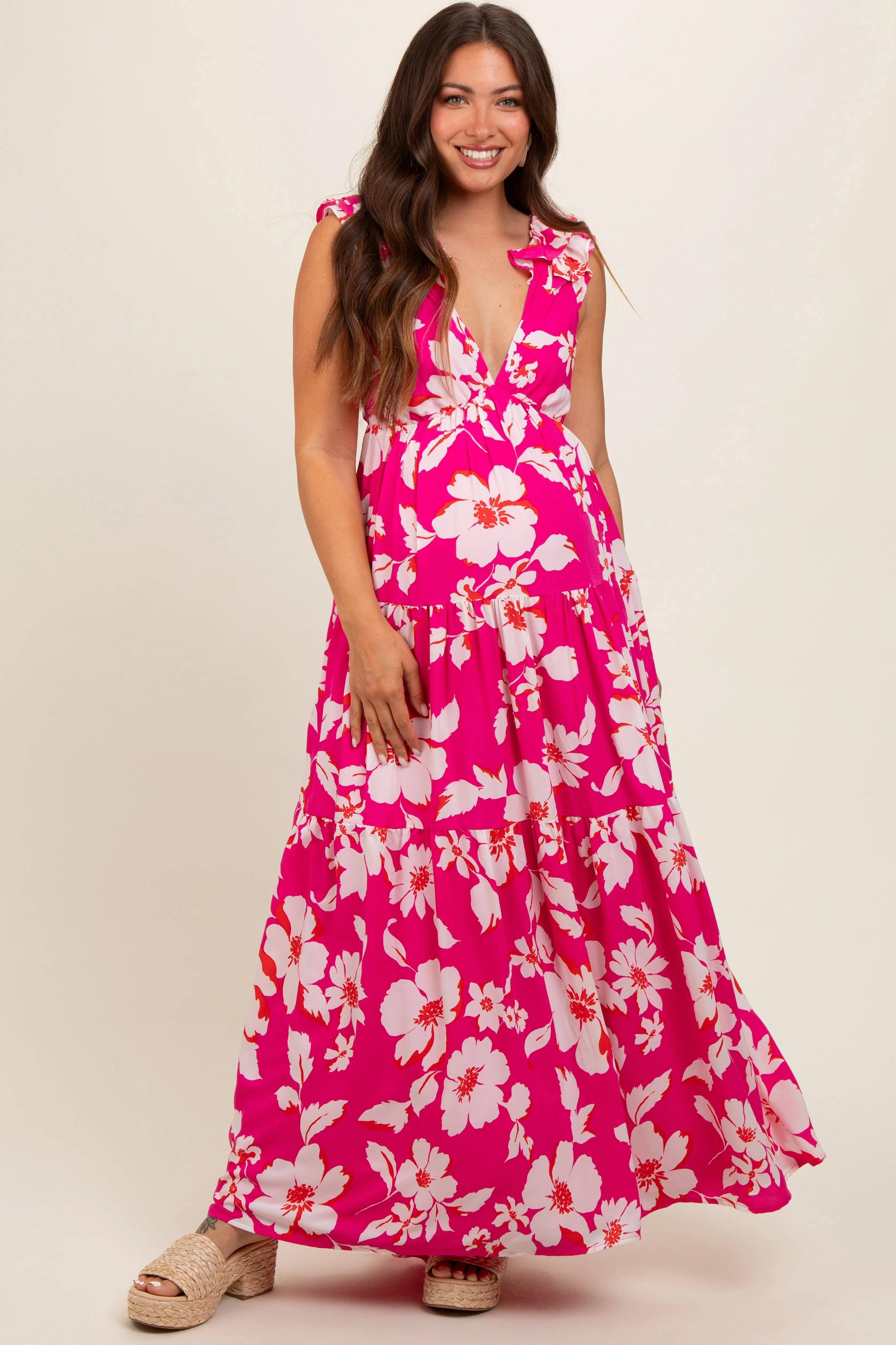 Fuchsia Floral Deep V-Neck Open Back Maternity Maxi Dress sold by Pinkblush