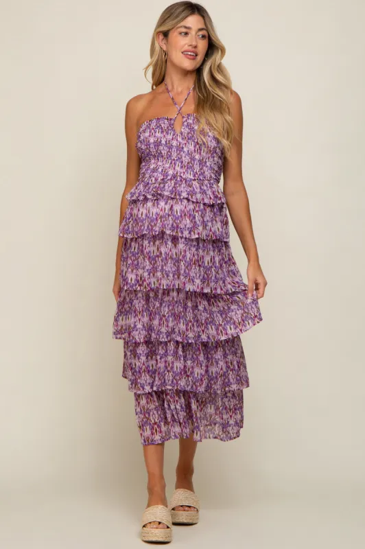 Purple Smocked Ruffle Tiered Halter Maternity Midi Dress sold by Pinkblush