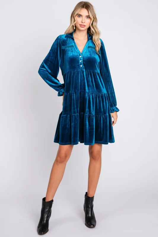 Teal Velvet Long Sleeve Tiered Collared Dress sold by Pinkblush
