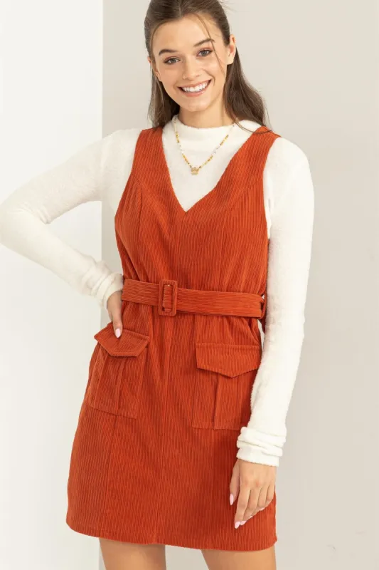 Brick Corduroy Belted Mini Dress sold by Pinkblush