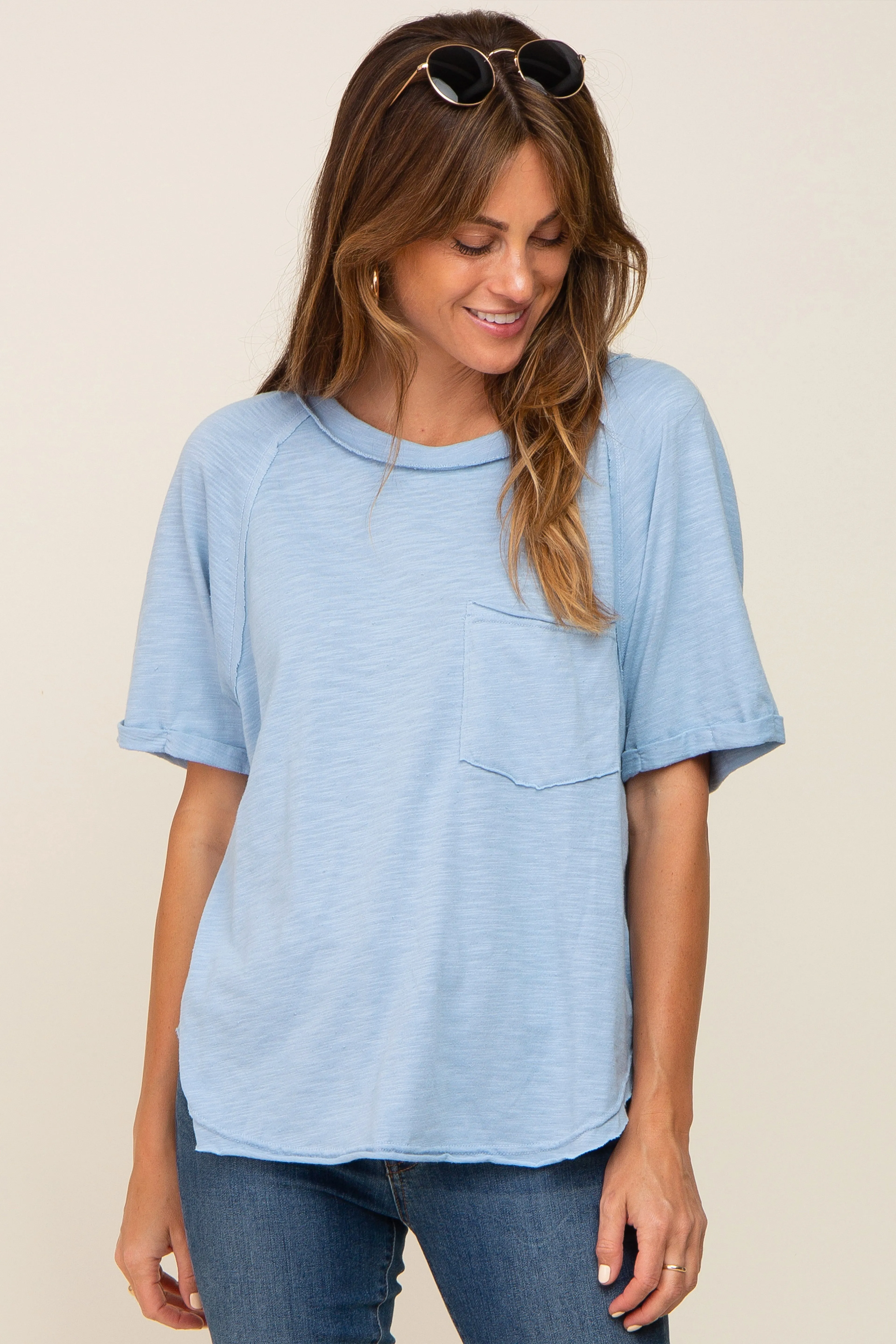 Light Blue Front Pocket Raw Edge Trim Short Sleeve Top sold by Pinkblush