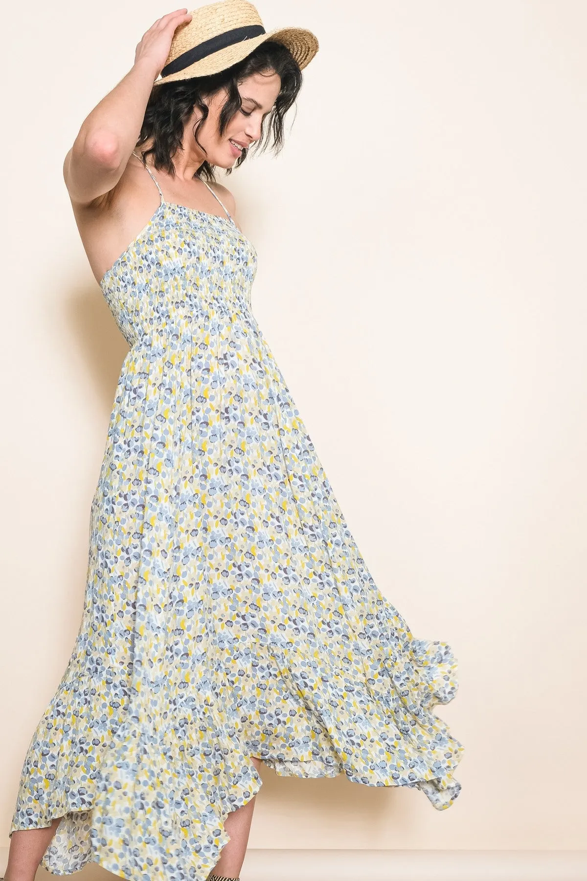 Teal Floral Smocked Halter Flowy Maxi Dress sold by Pinkblush product image thumbnail 4