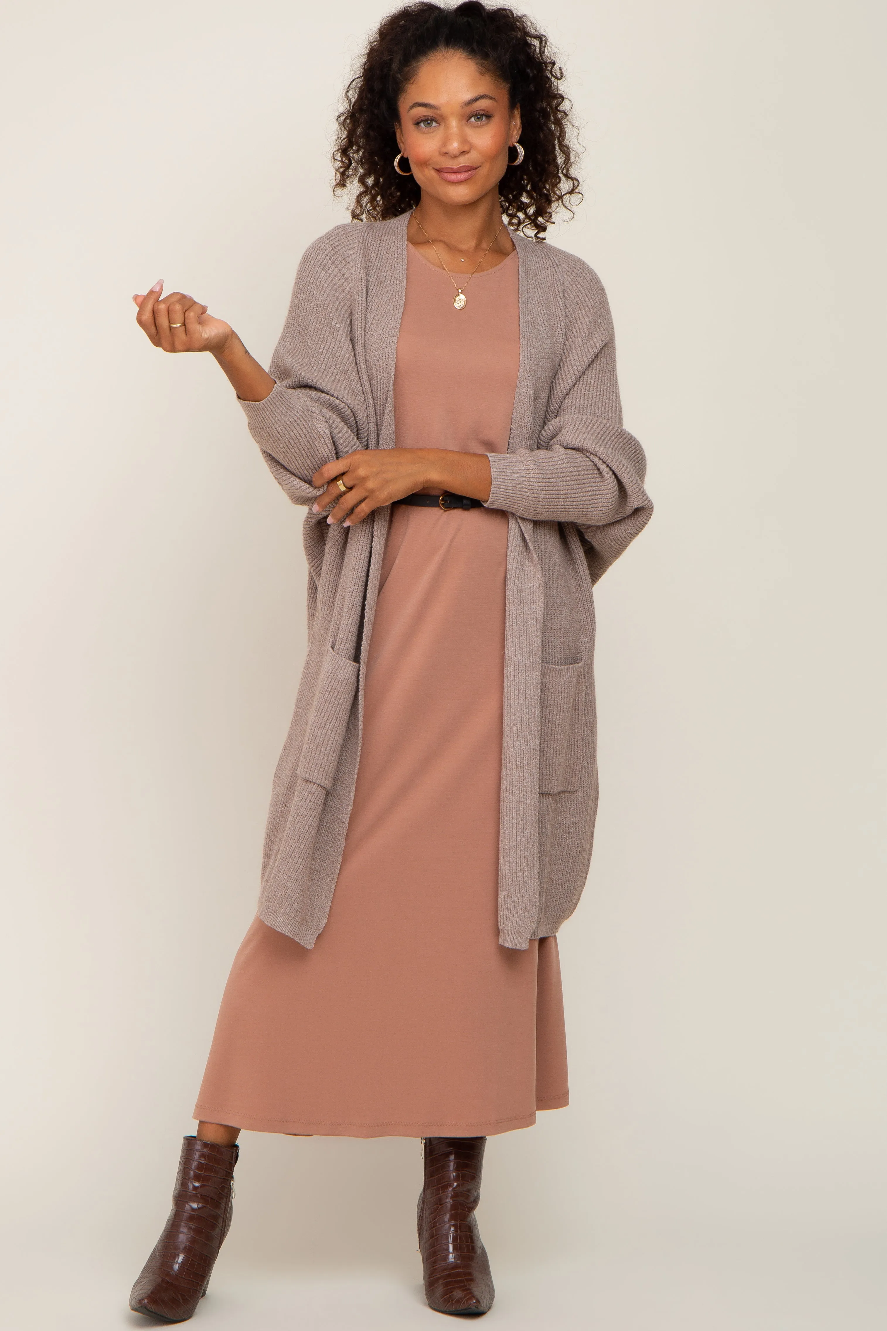 Taupe Pocketed Knit Cardigan sold by Pinkblush product image thumbnail 4