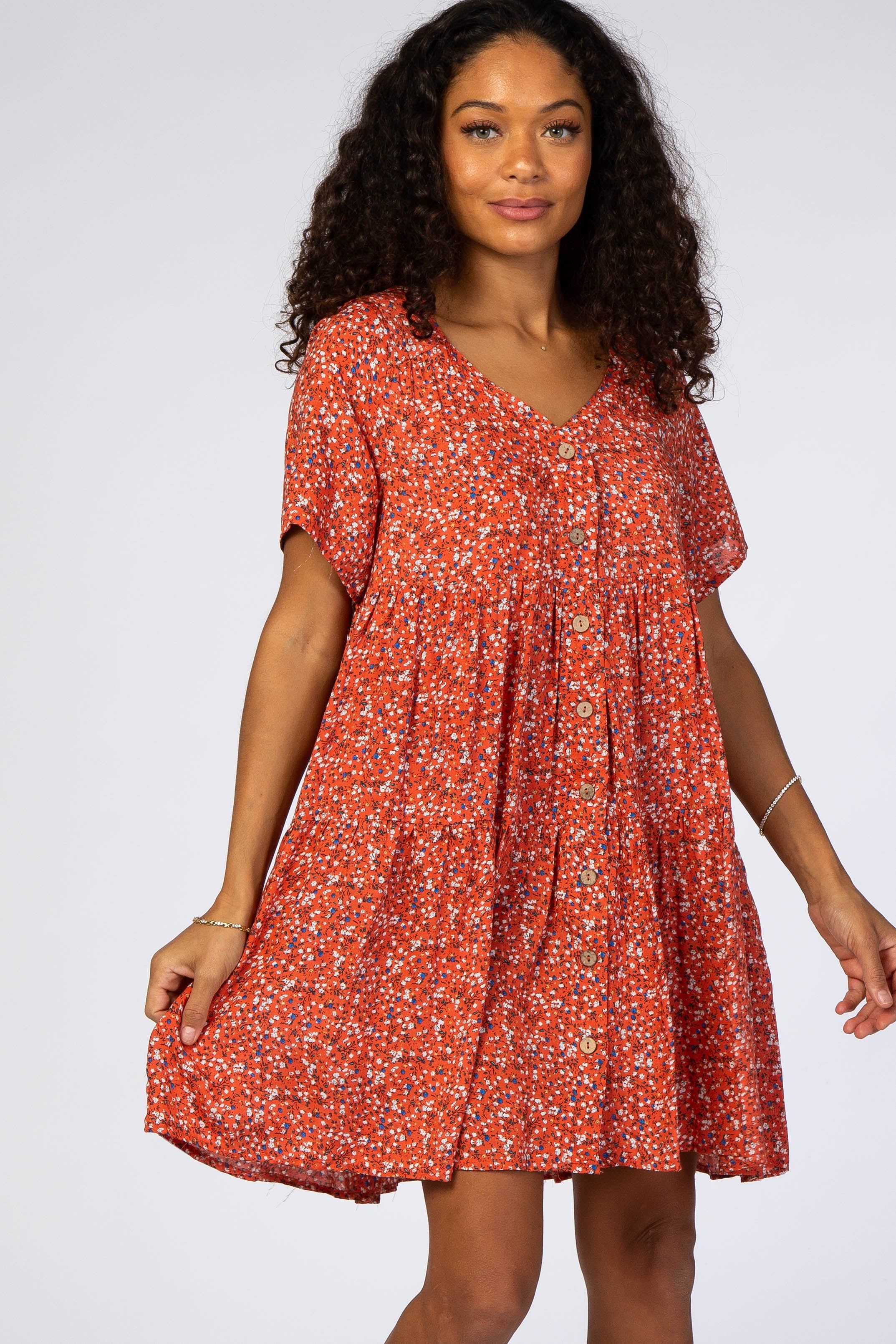 Rust Floral Button Front Mini Dress sold by Pinkblush product image thumbnail 5