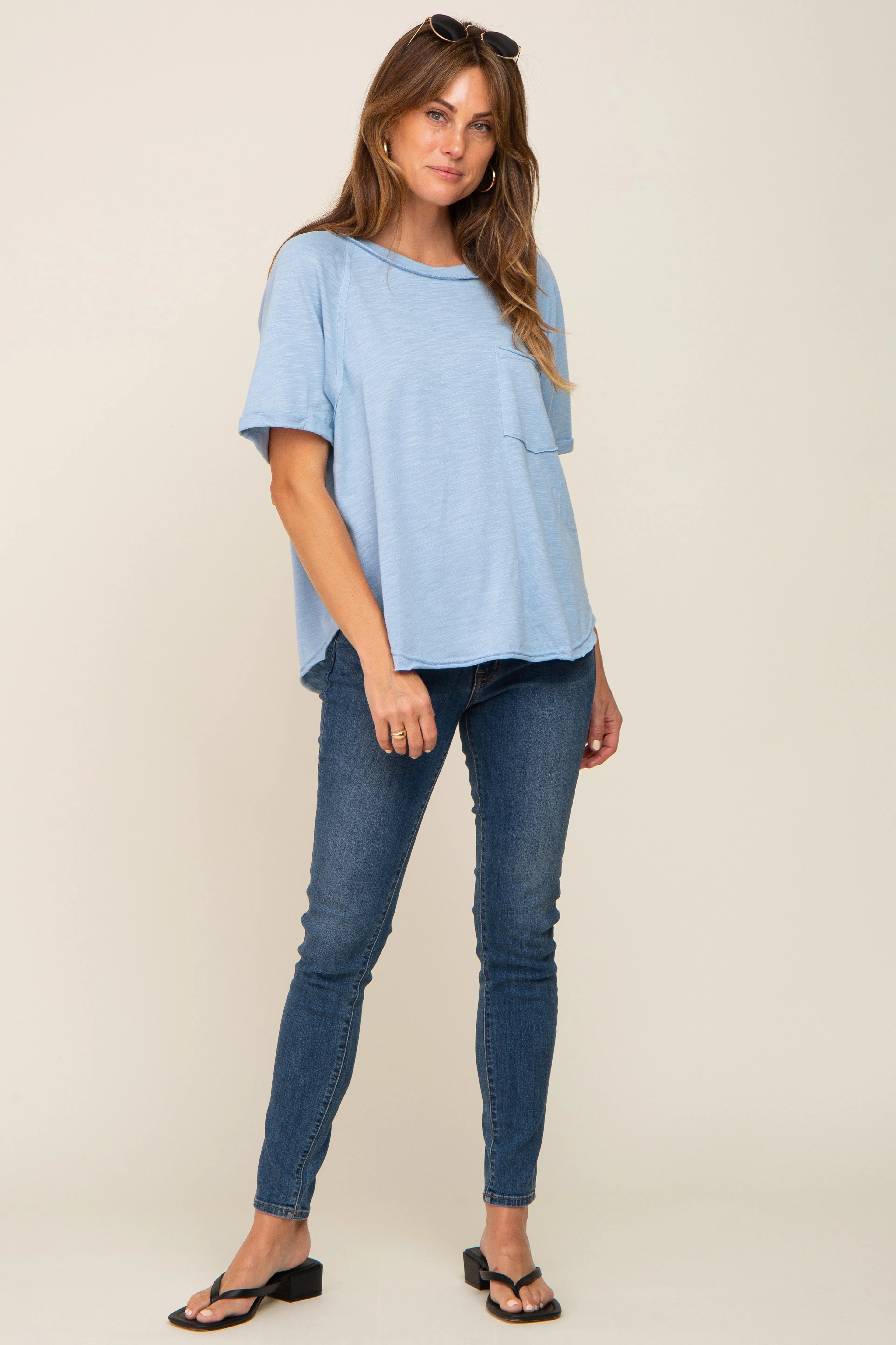 Light Blue Front Pocket Raw Edge Trim Short Sleeve Top sold by Pinkblush product image thumbnail 4
