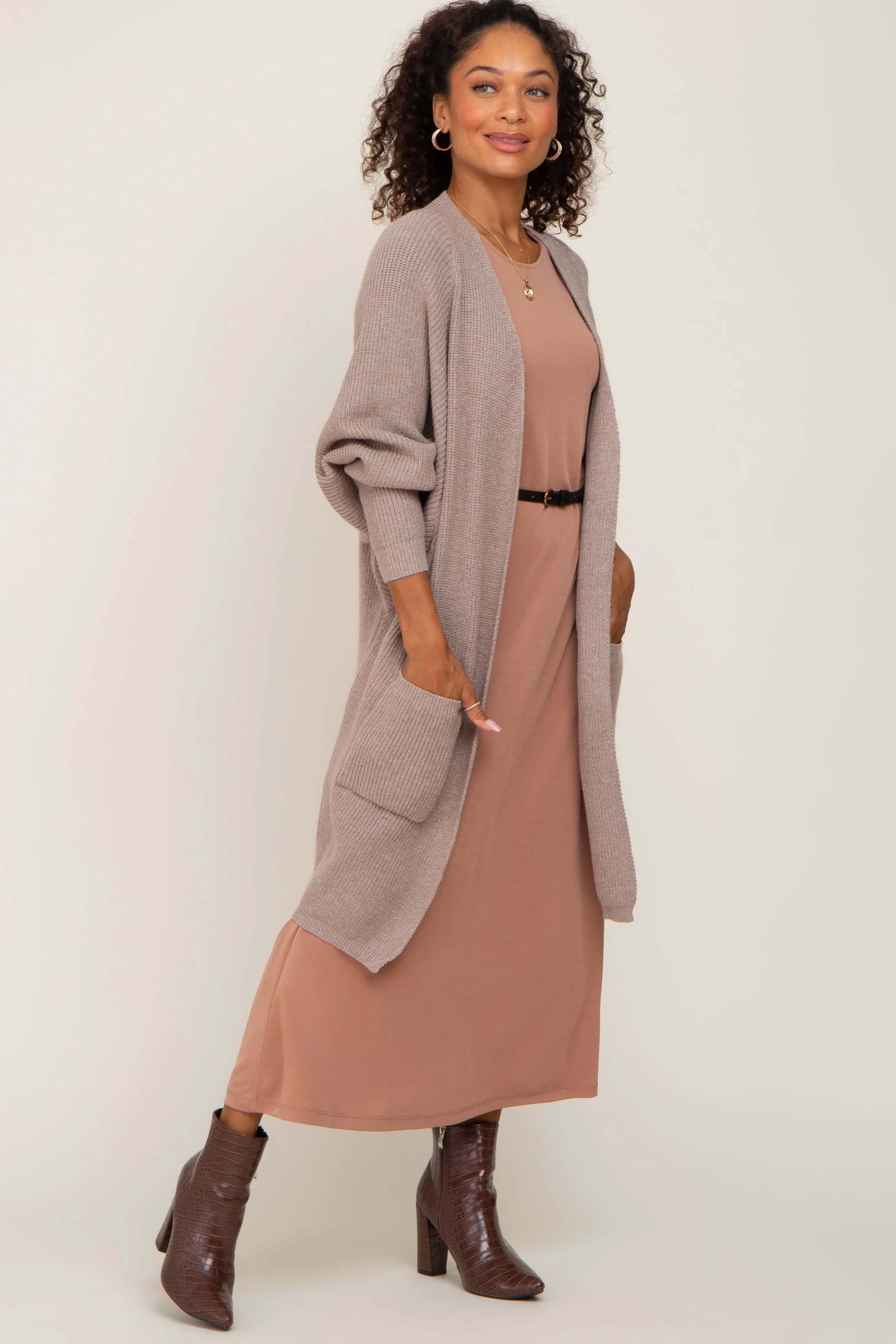 Taupe Pocketed Knit Cardigan sold by Pinkblush product image thumbnail 2