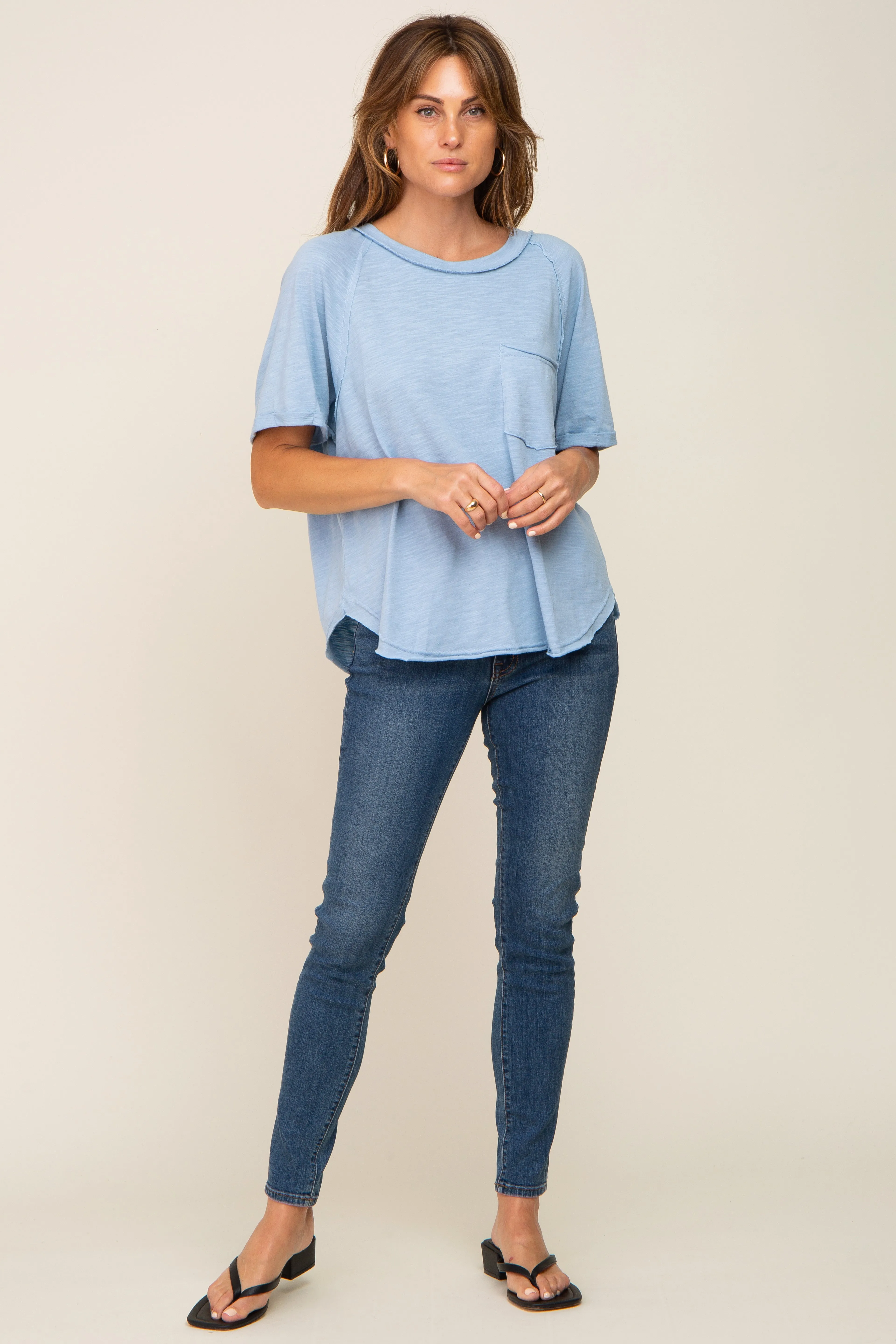 Light Blue Front Pocket Raw Edge Trim Short Sleeve Top sold by Pinkblush product image thumbnail 5