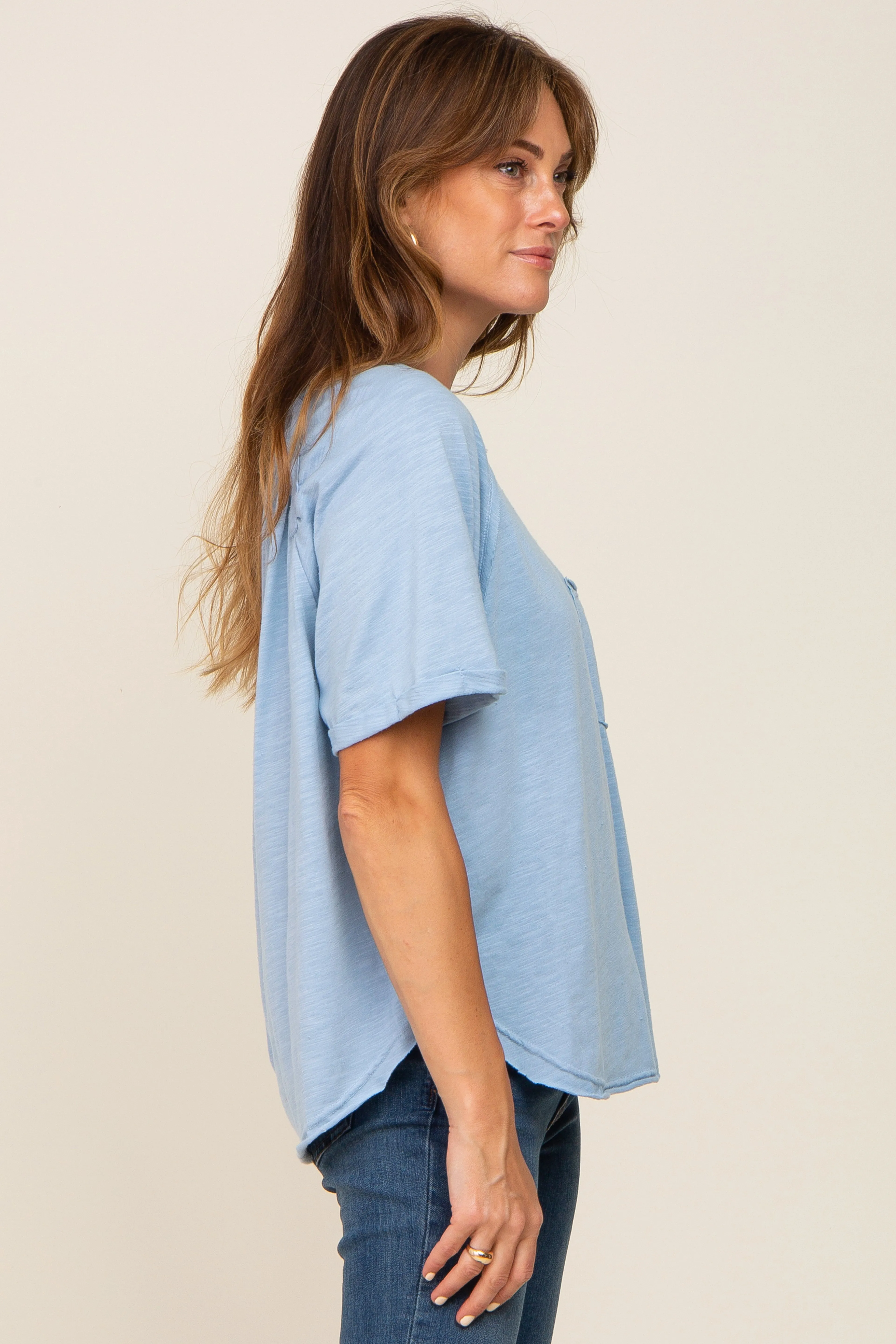 Light Blue Front Pocket Raw Edge Trim Short Sleeve Top sold by Pinkblush product image thumbnail 2