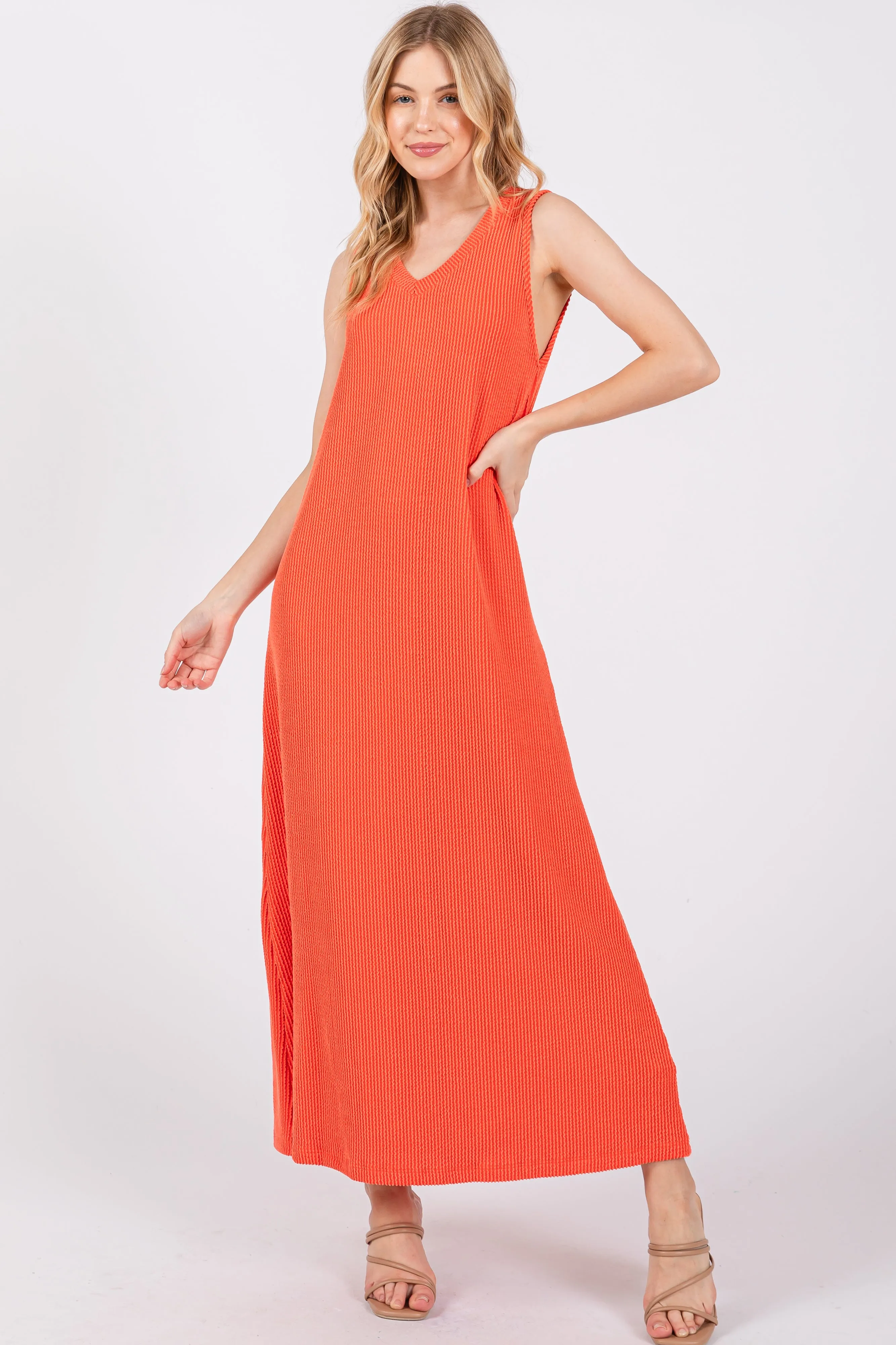 Orange Sleeveless Ribbed Maxi Dress sold by Pinkblush
