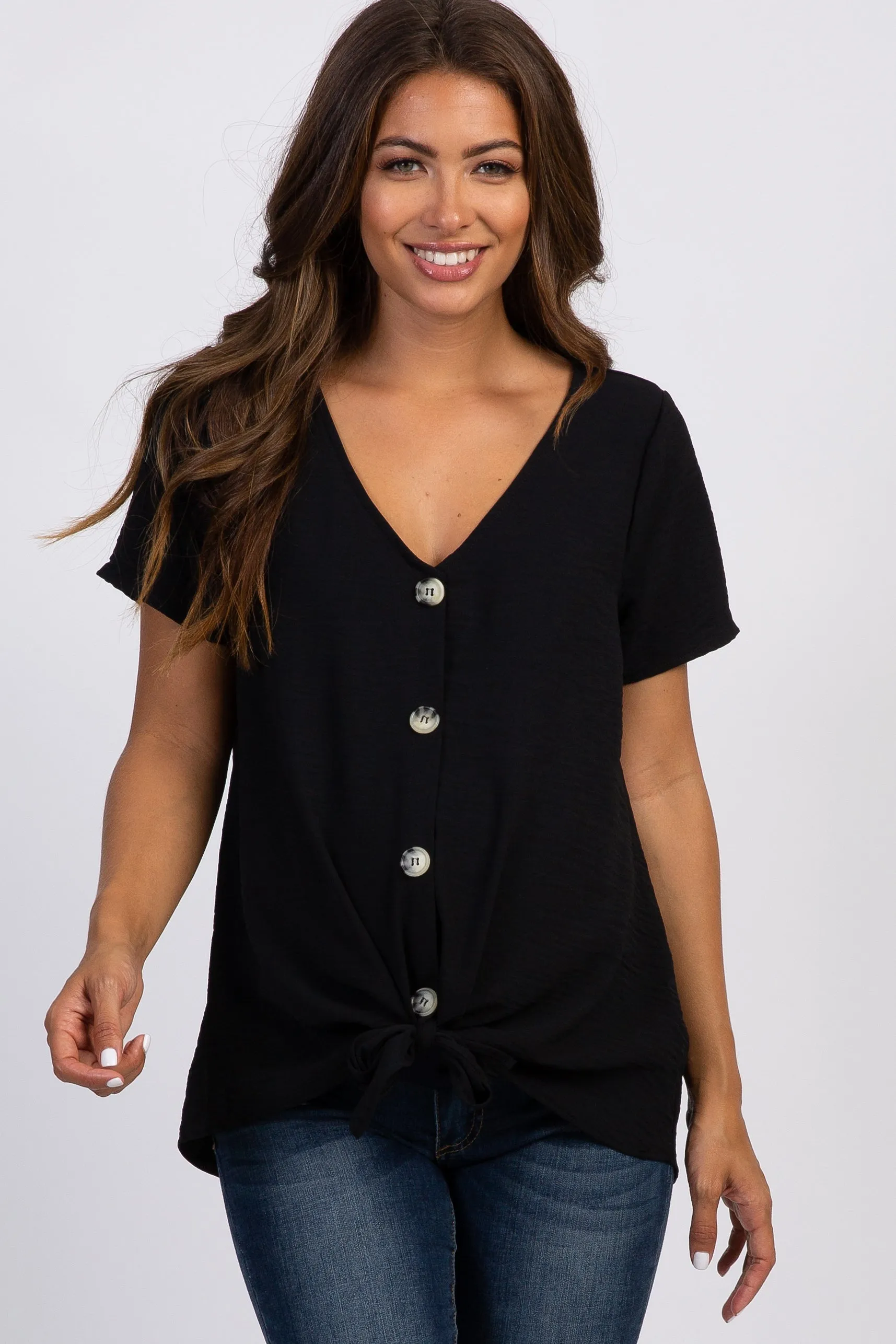 Black Button Tie Front Maternity Top sold by Pinkblush