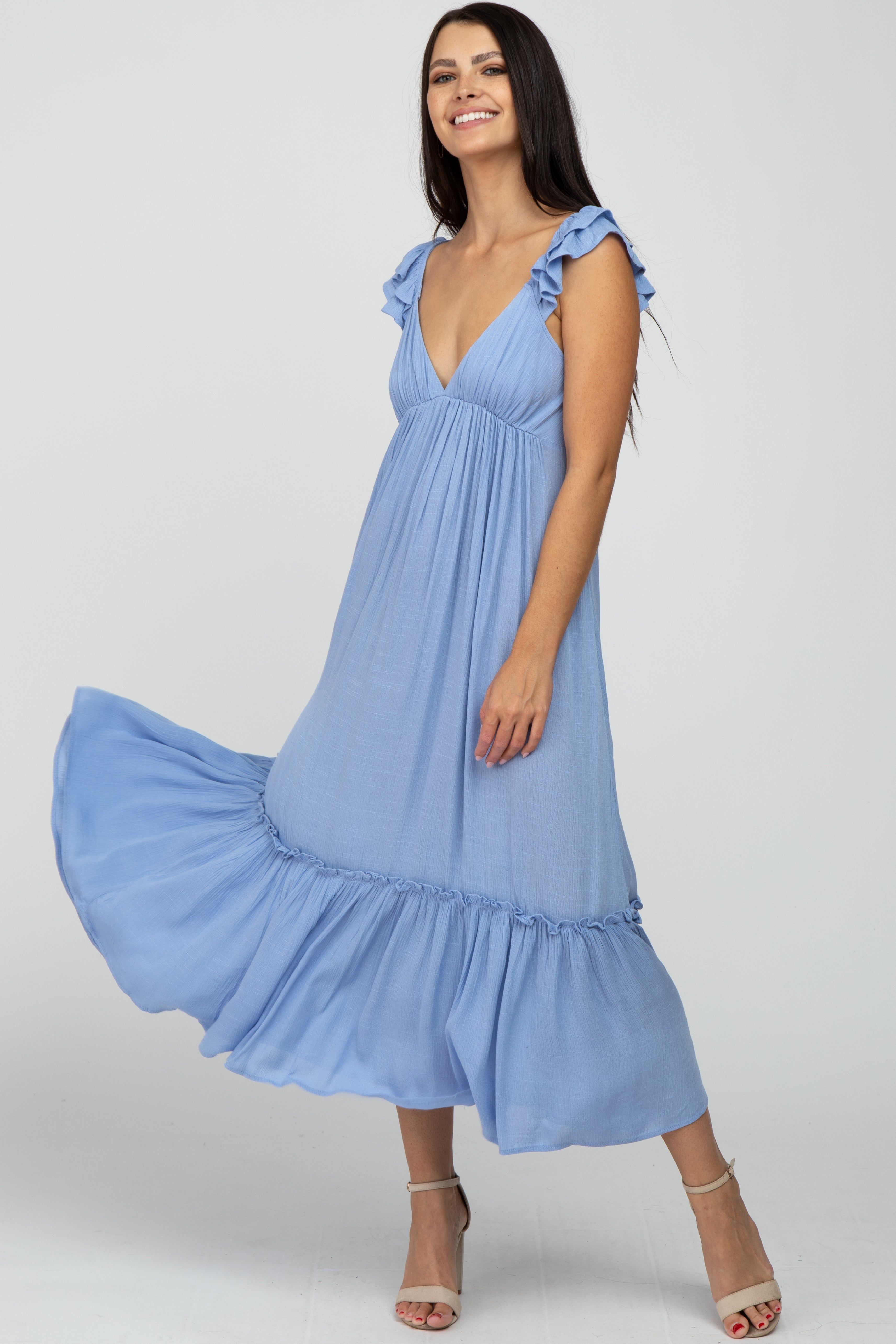 Light Blue Ruffle Accent Maxi Dress sold by Pinkblush