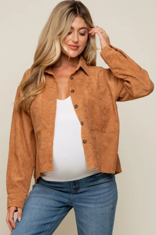 Camel Corduroy Raw Hem Maternity Shacket sold by Pinkblush