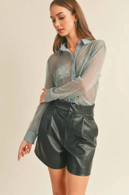 Dusty Blue Lurex Sheer Button Down Top sold by Pinkblush
