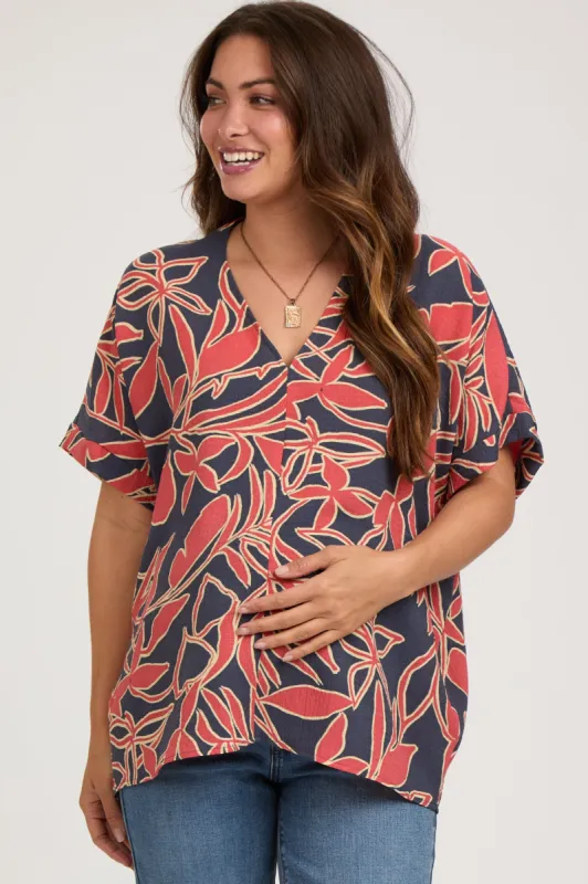 Navy Floral Short Sleeve Maternity Blouse sold by Pinkblush
