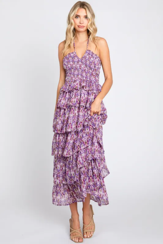 Purple Smocked Ruffle Tiered Halter Midi Dress sold by Pinkblush