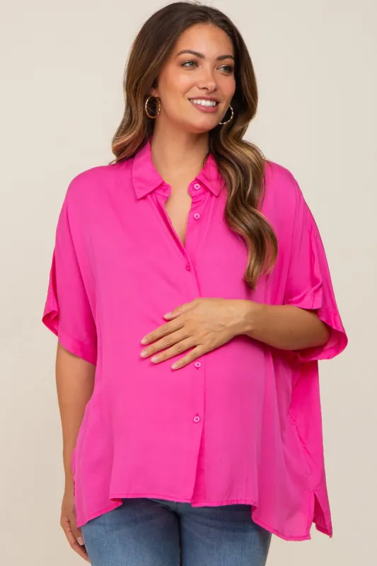 Fuchsia Button Up Dolman Short Sleeve Maternity Top sold by Pinkblush