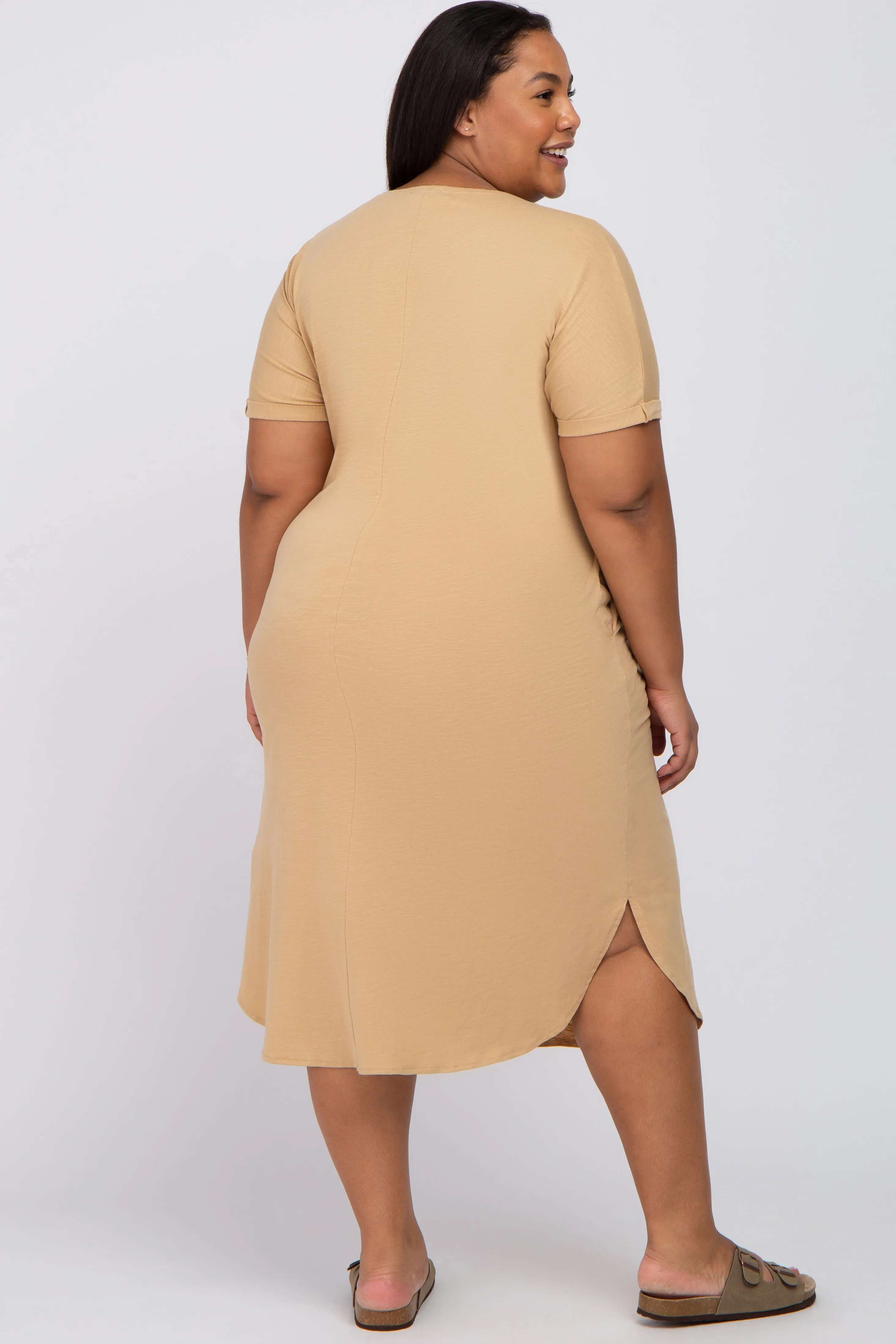 Camel Button Neck Round Hem Maternity Plus Dress sold by Pinkblush product image thumbnail 3