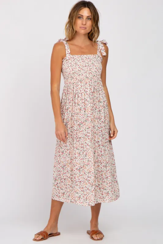 Cream Floral Smocked Tie Strap Midi Dress sold by Pinkblush