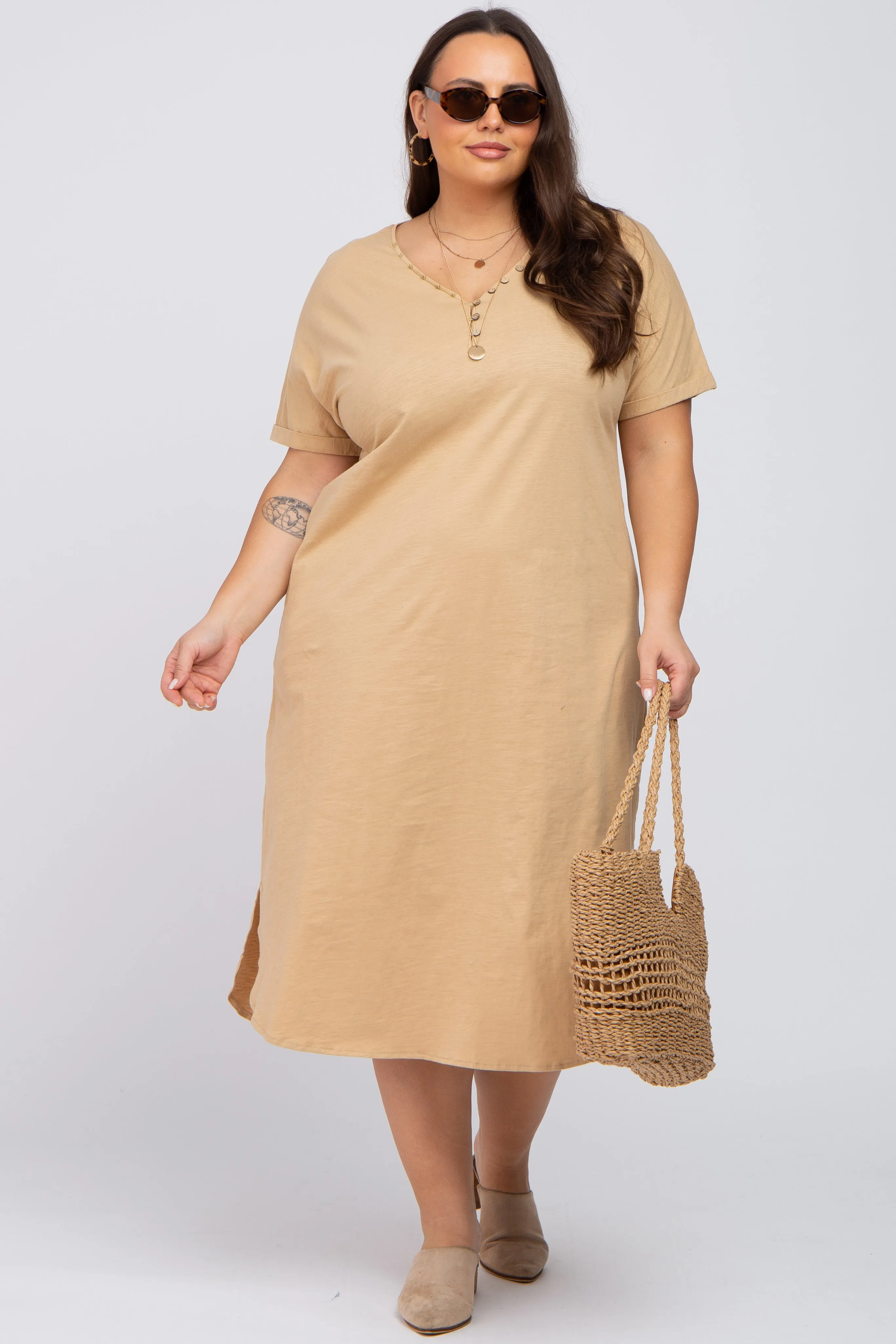 Camel Button Neck Round Hem Maternity Plus Dress sold by Pinkblush product image thumbnail 4