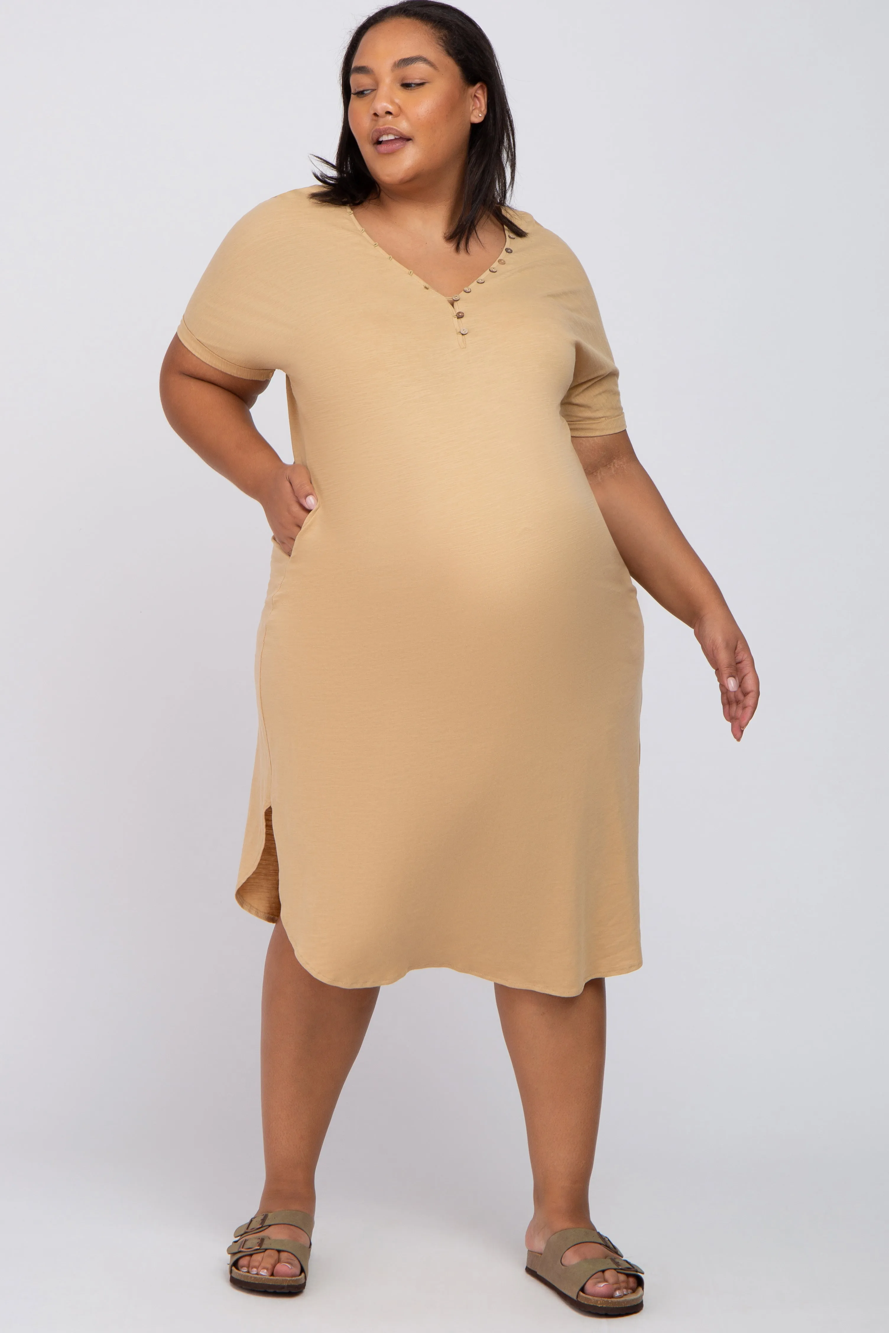 Camel Button Neck Round Hem Maternity Plus Dress sold by Pinkblush