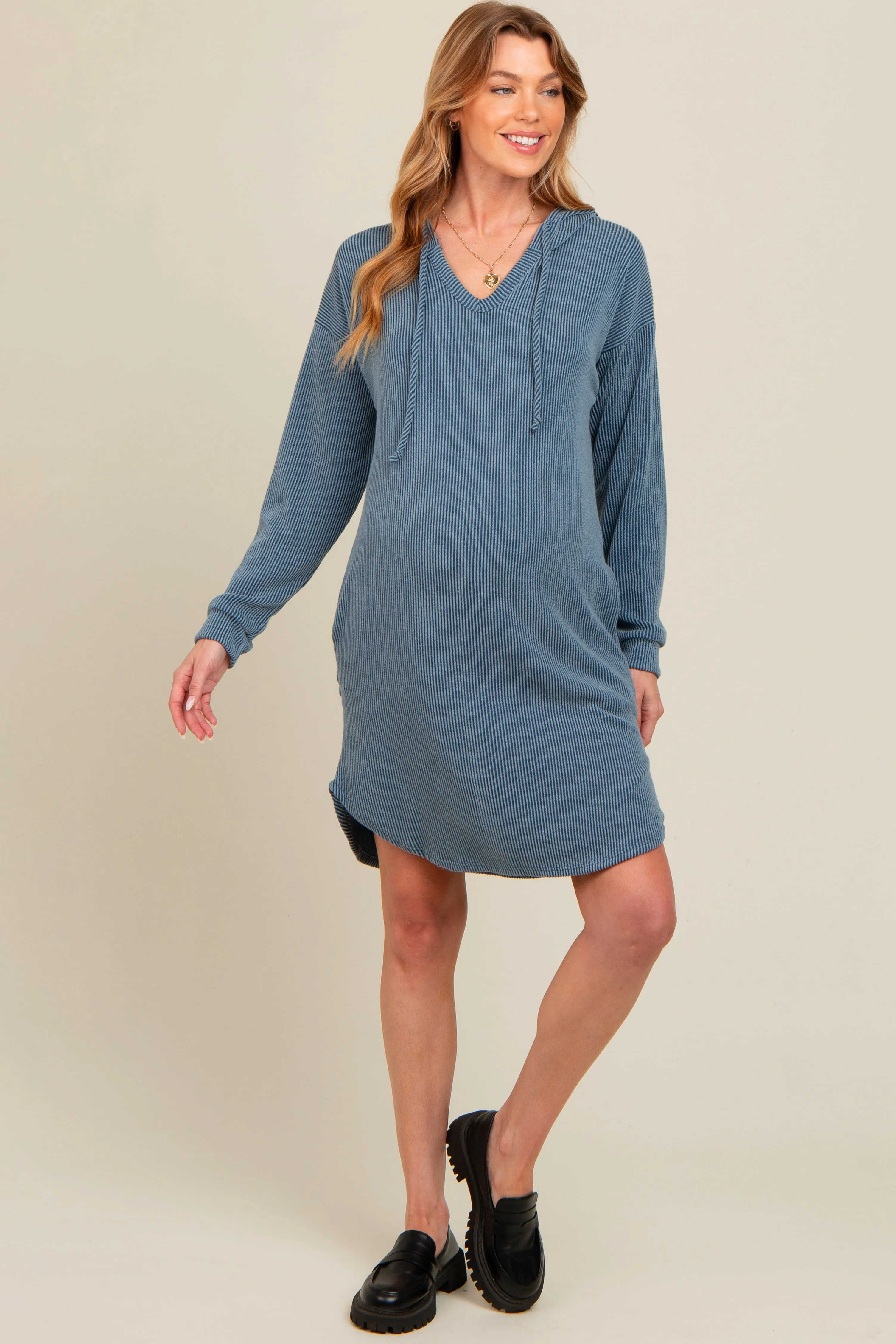 Blue Ribbed Hoodie Maternity Dress sold by Pinkblush