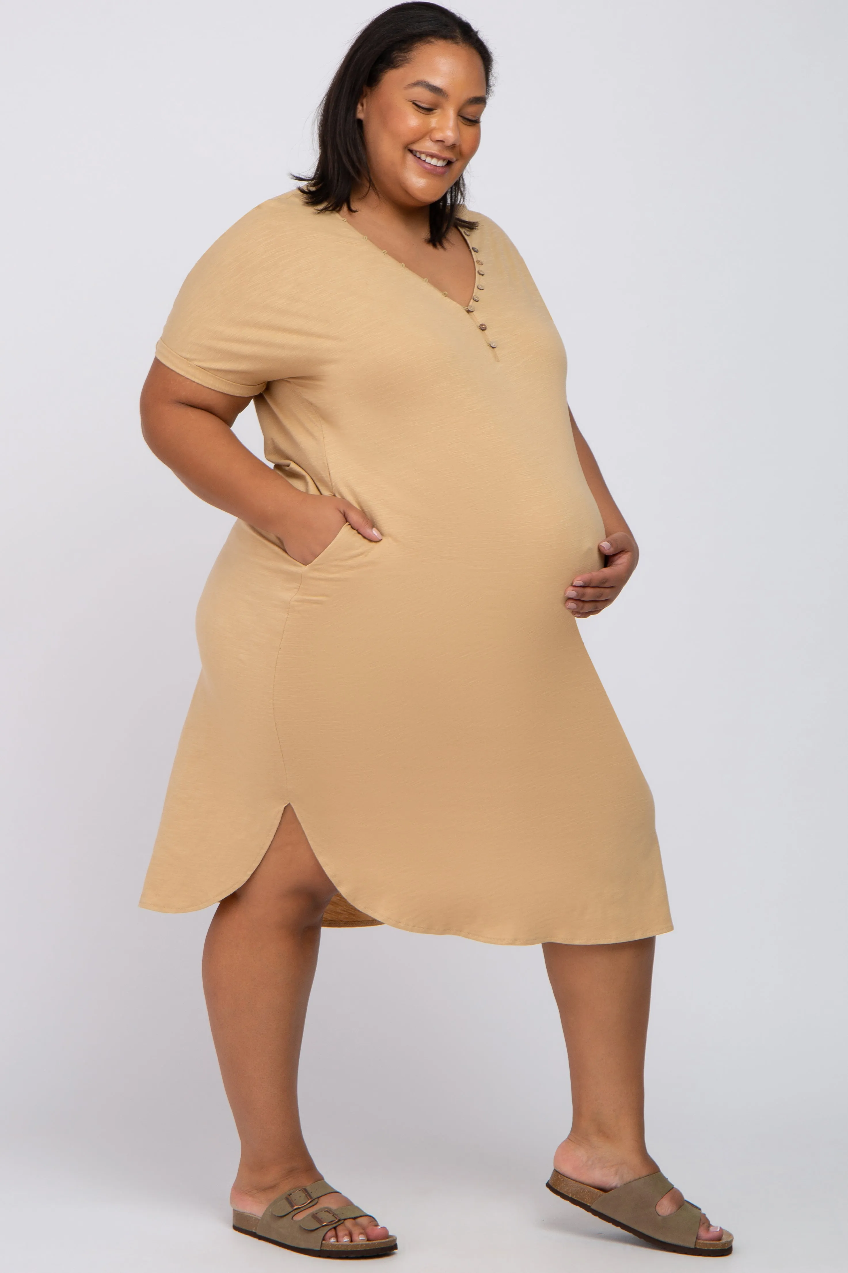 Camel Button Neck Round Hem Maternity Plus Dress sold by Pinkblush product image thumbnail 2