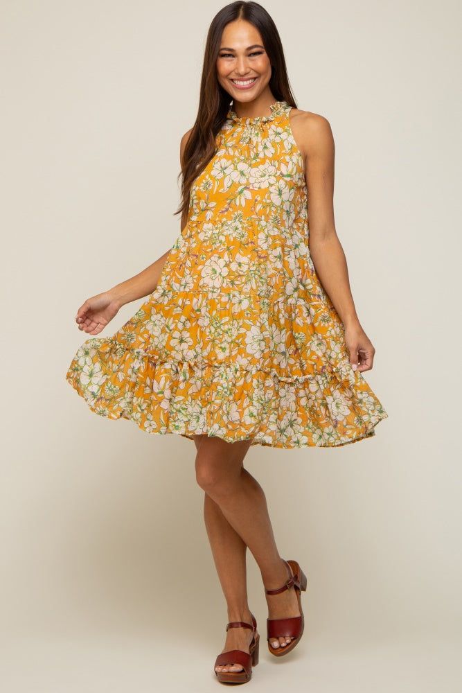 Orange Floral Tiered Ruffle Mock Neck Maternity Dress sold by Pinkblush product image thumbnail 2
