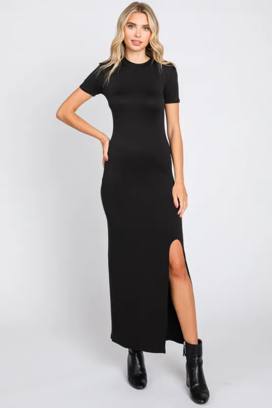 Black Mock Neck Front Slit Short Sleeve Maxi Dress sold by Pinkblush