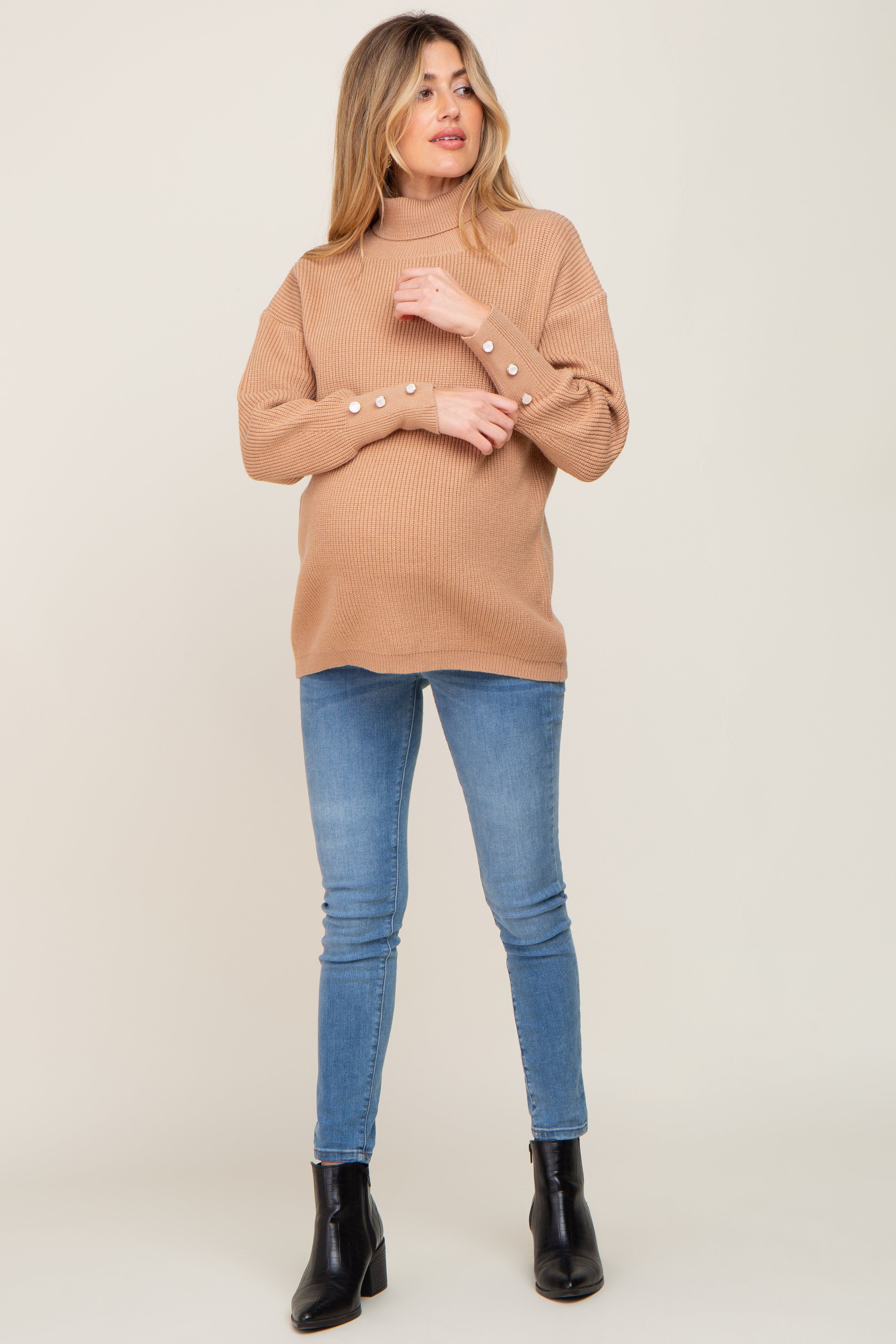 Camel Button Accent Turtleneck Maternity Sweater sold by Pinkblush product image thumbnail 4