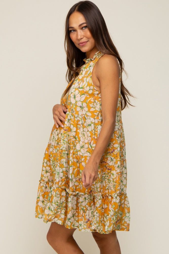 Orange Floral Tiered Ruffle Mock Neck Maternity Dress sold by Pinkblush product image thumbnail 3