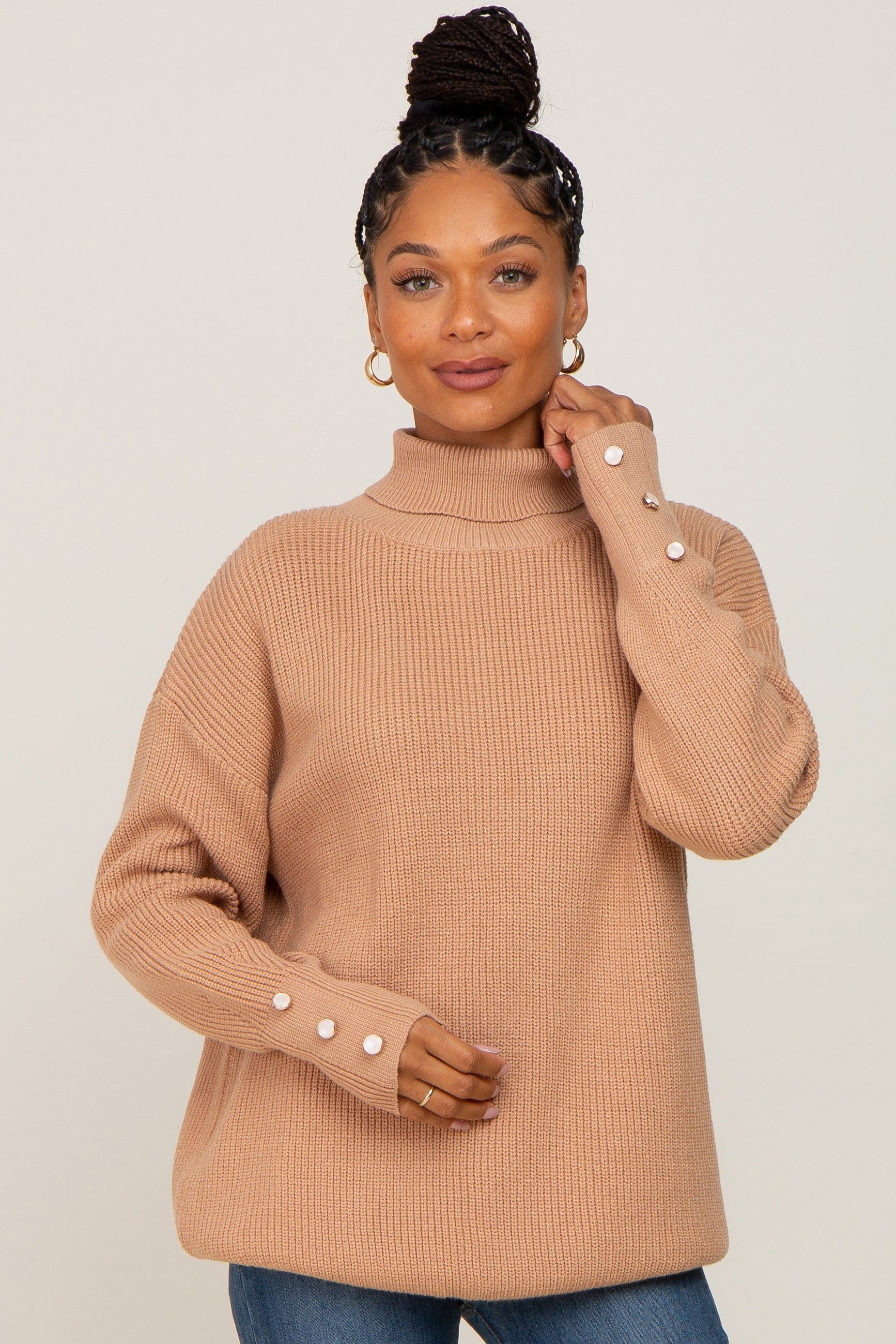 Camel Button Accent Turtleneck Maternity Sweater sold by Pinkblush product image thumbnail 5