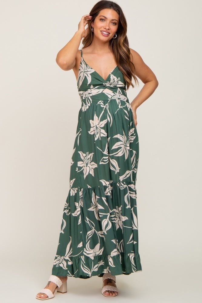 Forest Green Floral Front Twist Maternity Maxi Dress sold by Pinkblush