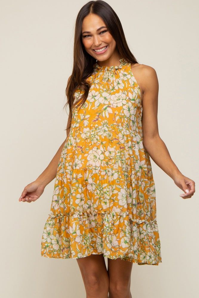 Orange Floral Tiered Ruffle Mock Neck Maternity Dress sold by Pinkblush