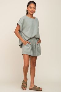 Light Olive Short Cuffed Sleeve Top and Short Set sold by Pinkblush
