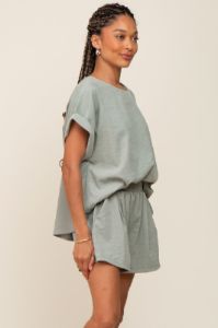 Light Olive Short Cuffed Sleeve Top and Short Set sold by Pinkblush