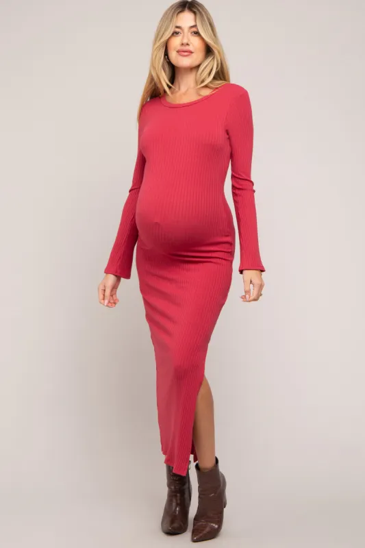 Red Ribbed Side Slit Maternity Maxi Dress sold by Pinkblush