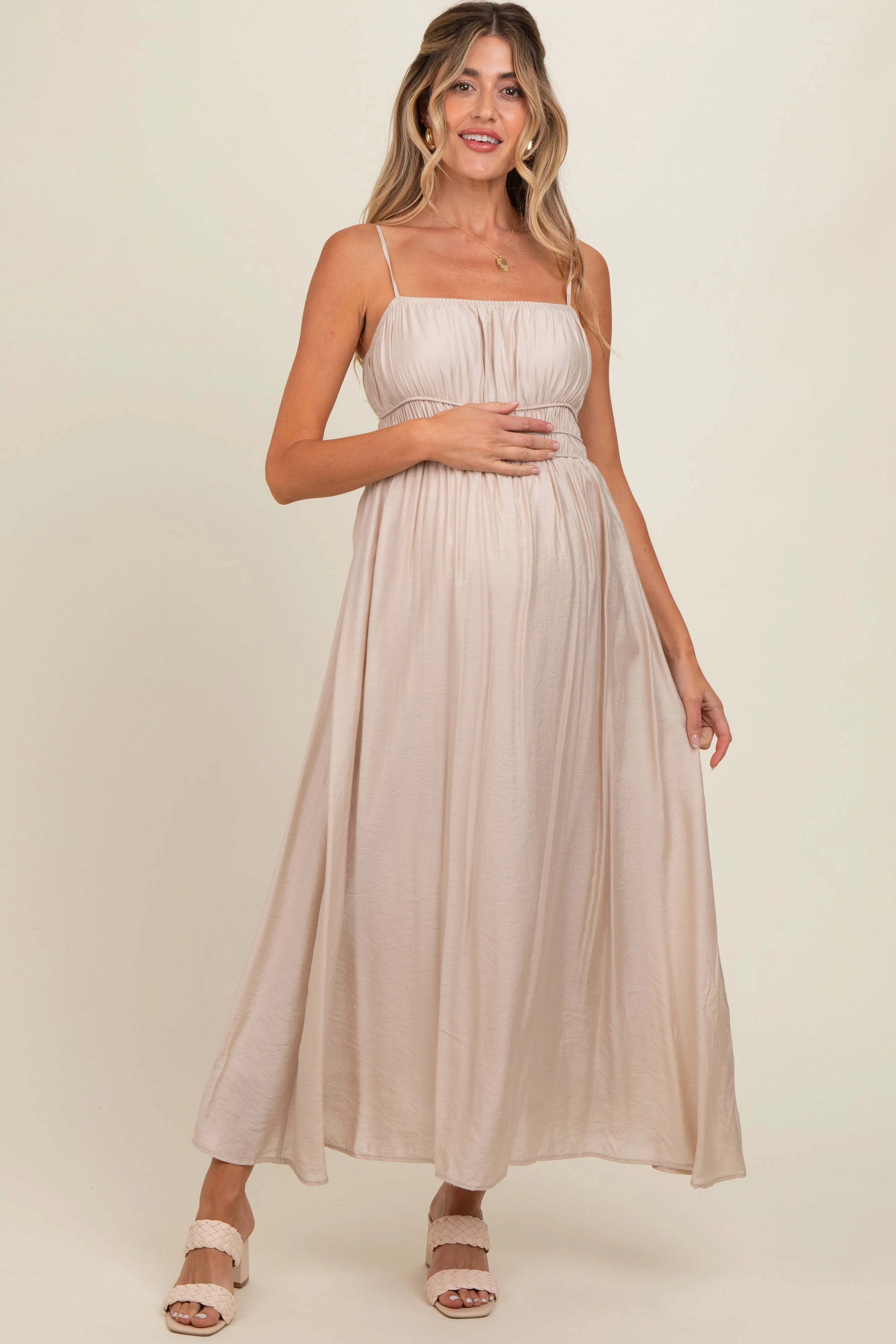 Beige Sleeveless Square Neckline Maternity Maxi Dress sold by Pinkblush