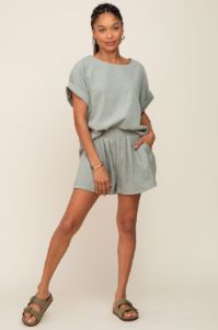Light Olive Short Cuffed Sleeve Top and Short Set sold by Pinkblush