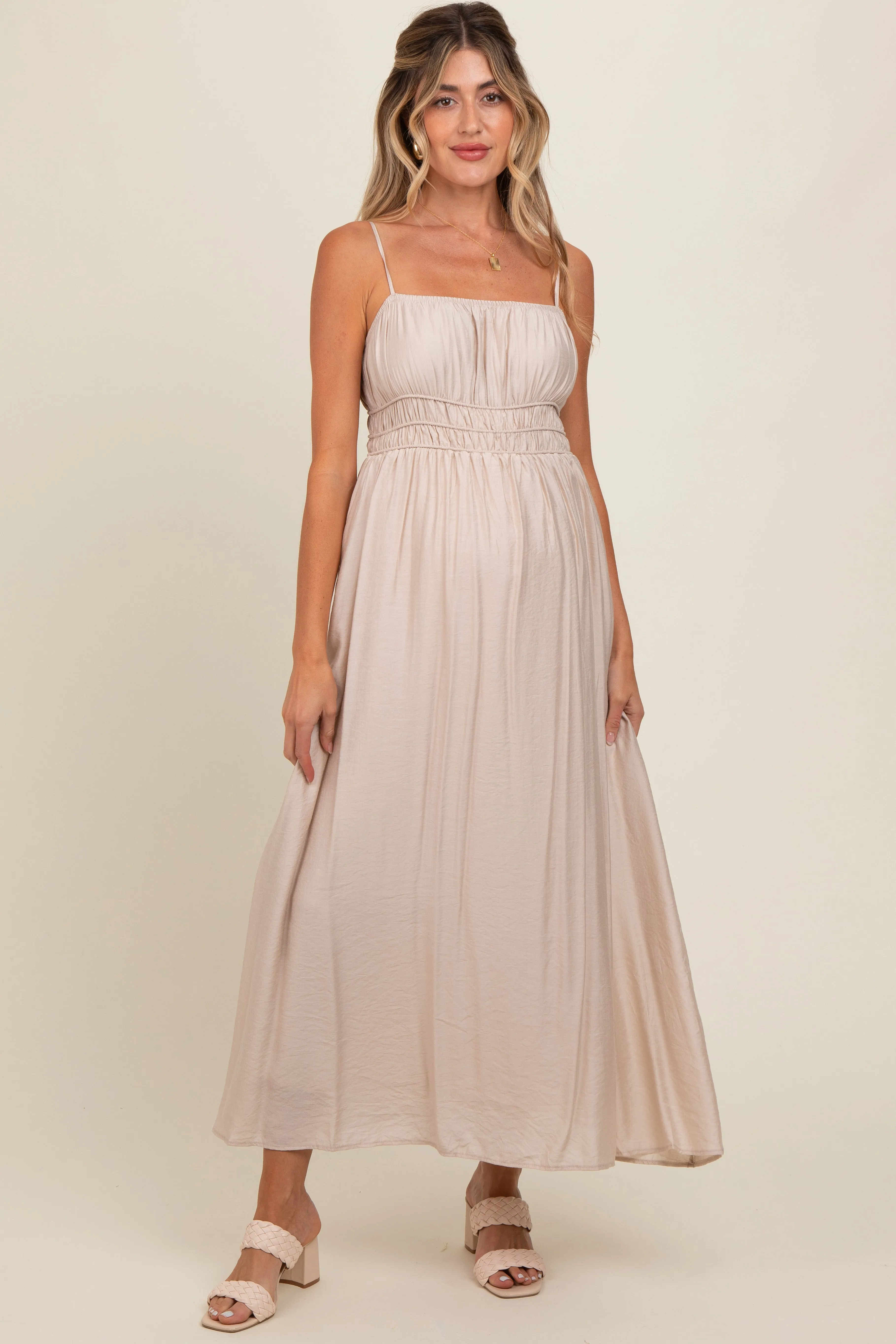 Beige Sleeveless Square Neckline Maternity Maxi Dress sold by Pinkblush product image thumbnail 2
