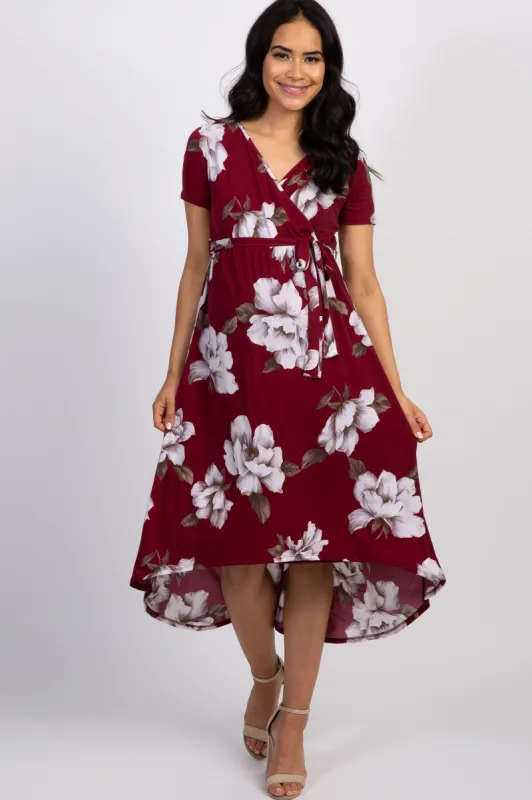 PinkBlush Burgundy Floral Hi-Low Midi Maternity/Nursing Wrap Dress sold by Pinkblush