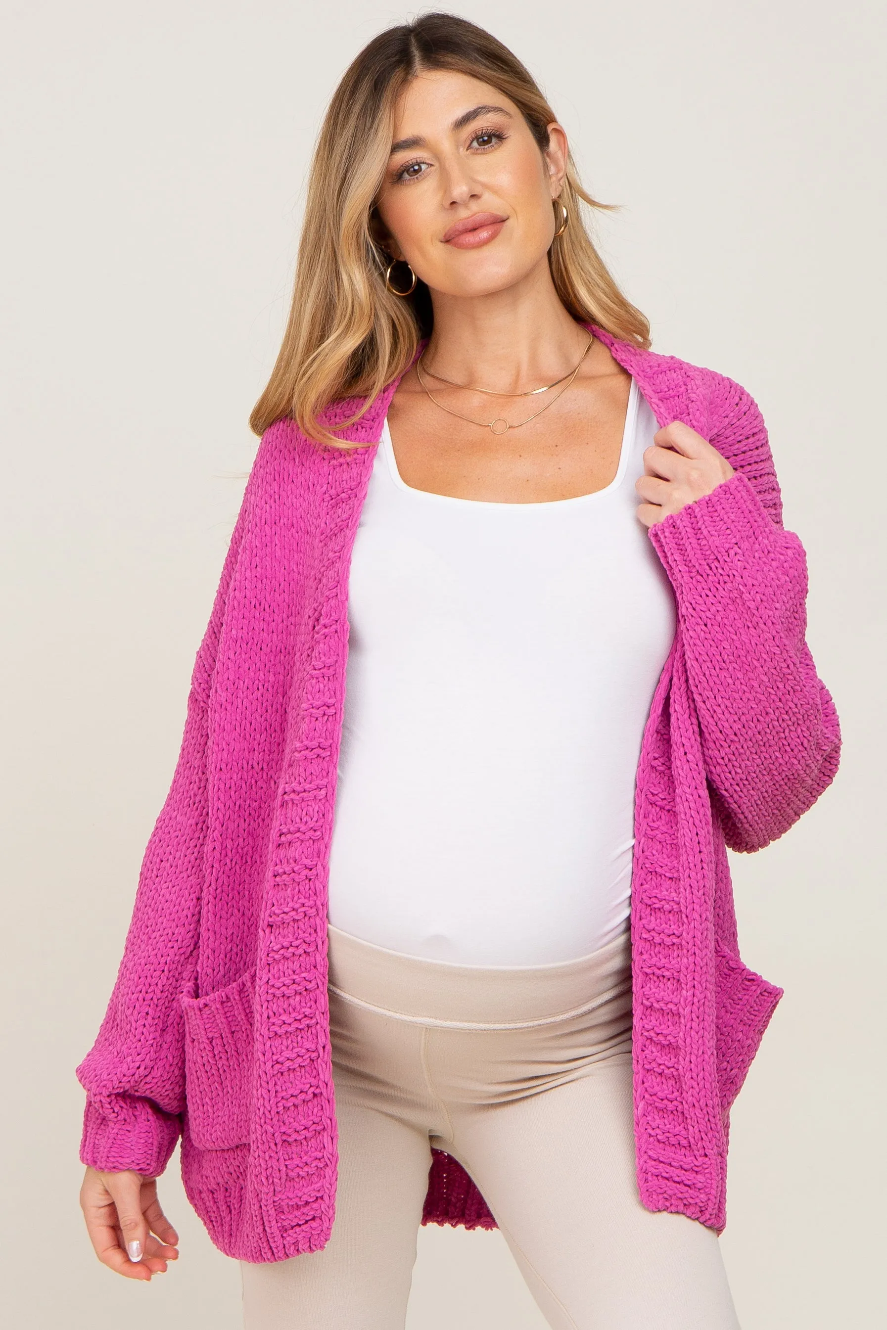Fuchsia Oversized Bubble Sleeve Maternity Cardigan sold by Pinkblush