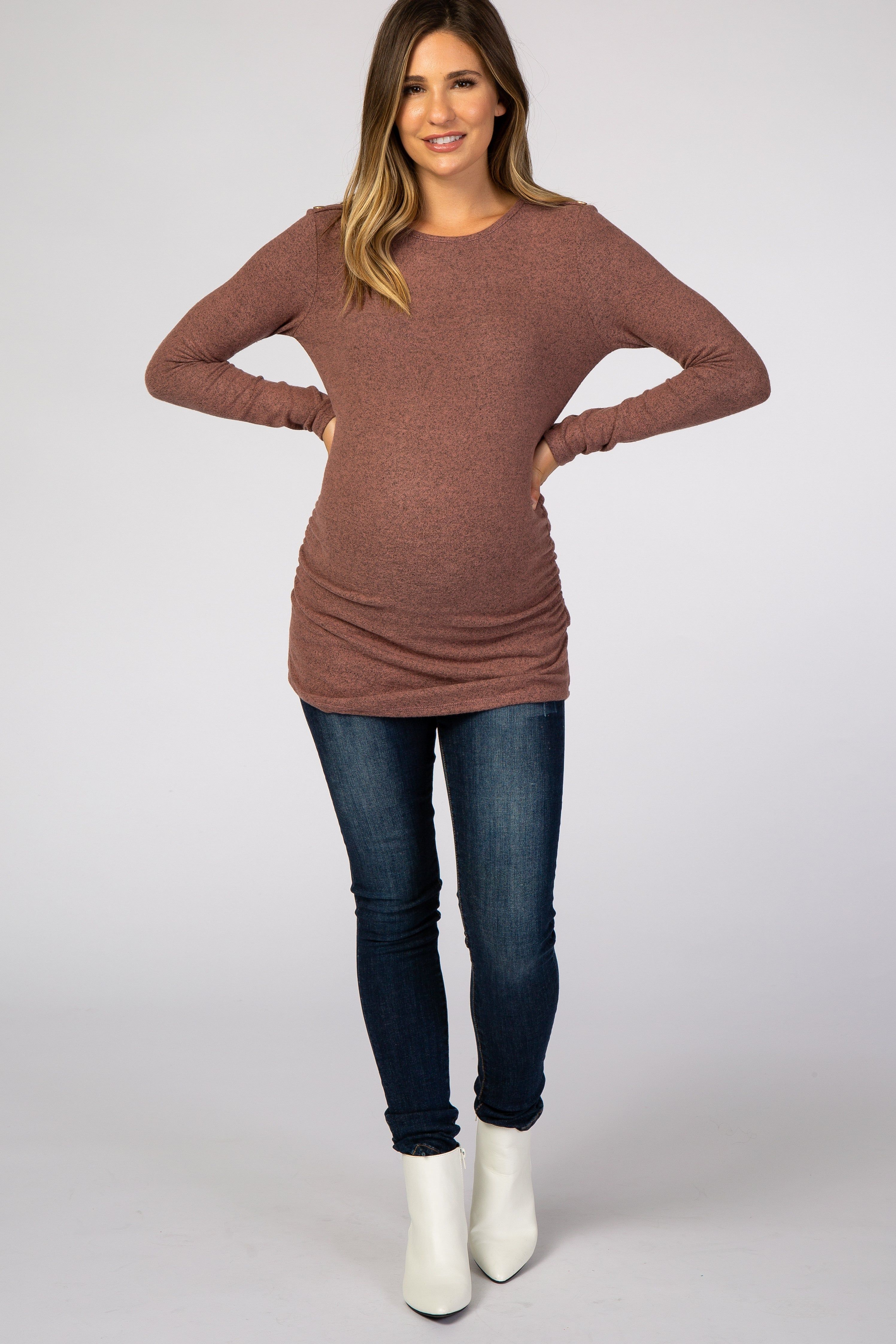 Mauve Soft Knit Button Shoulder Ruched Side Maternity Top sold by Pinkblush product image thumbnail 4